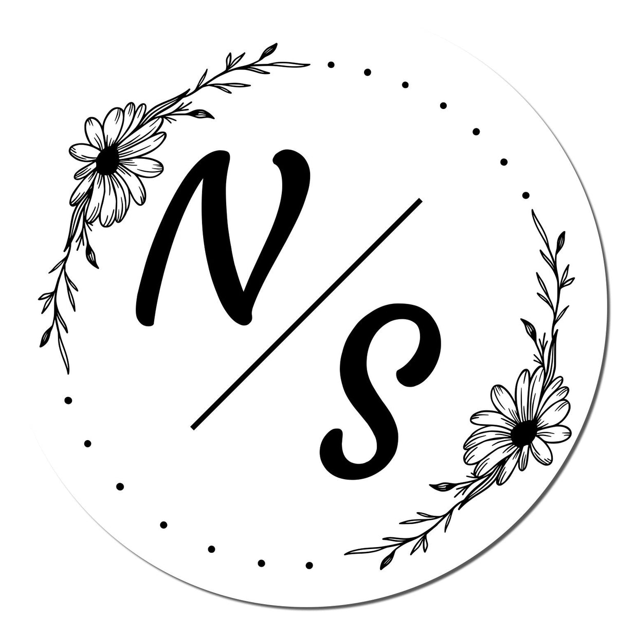 Black wedding stamp featuring round flowered initials with a Bliss design, perfect for couples from ESS.