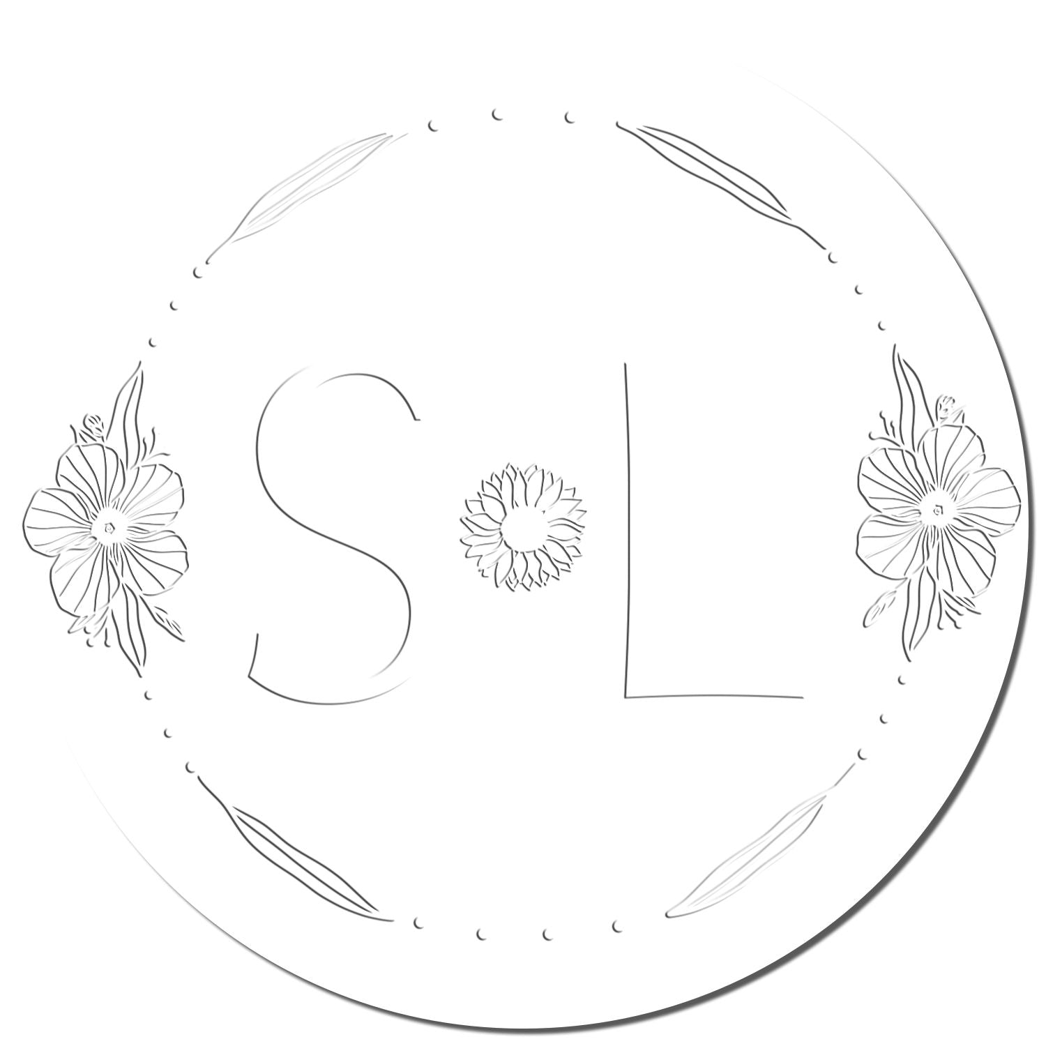 White circular stamp seal with floral line art and large S and L initials in gray outline.