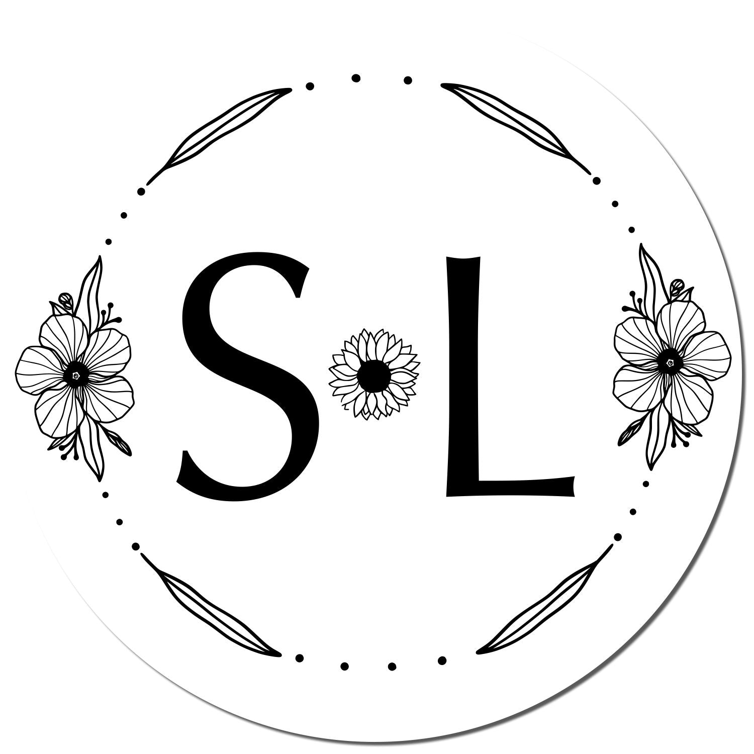 Black-and-white circular stamp seal design with floral accents, dotted border, and large S and L letters.