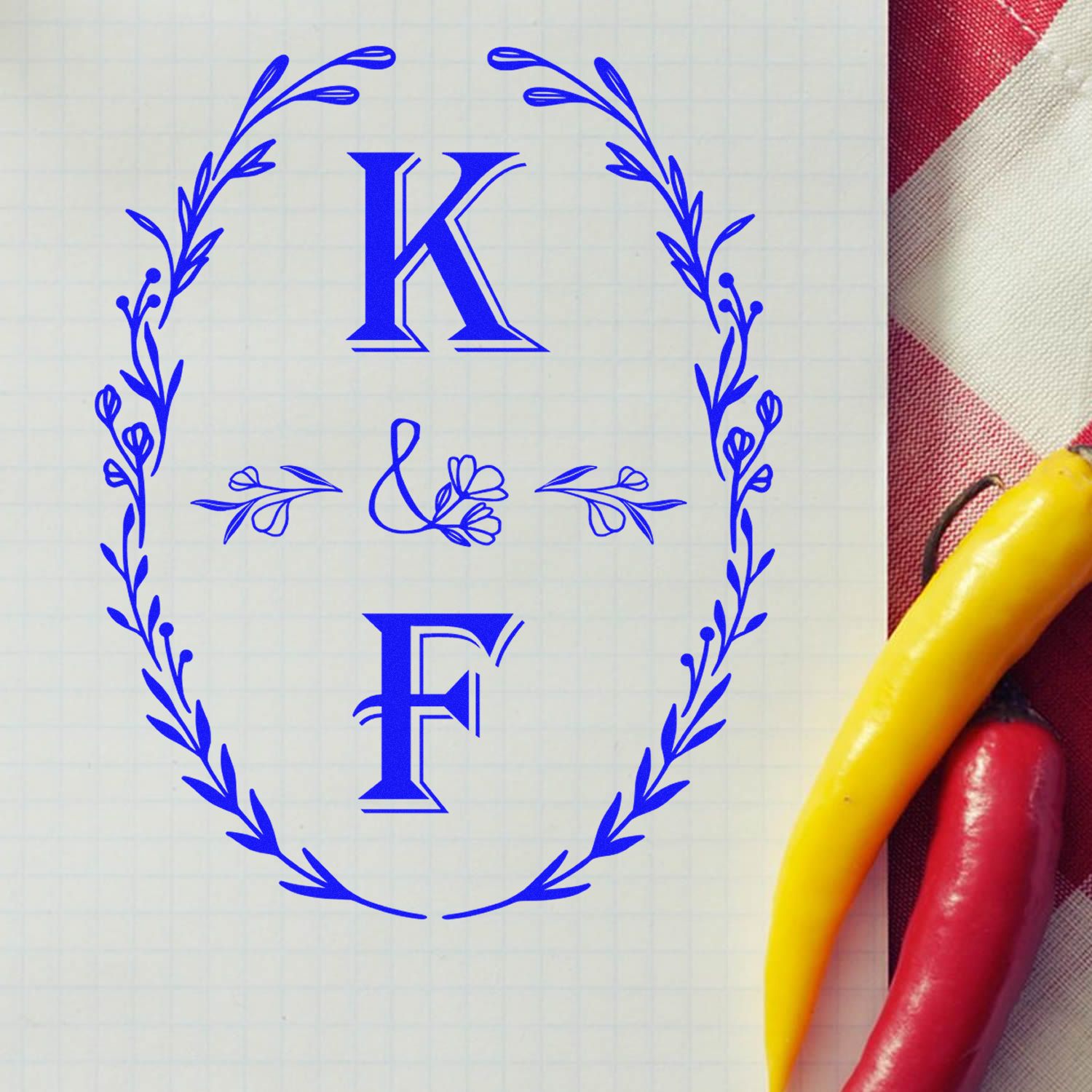 Blue K&F monogram seal stamp with laurel wreath and floral accents on pale grid paper, beside red and yellow cords.