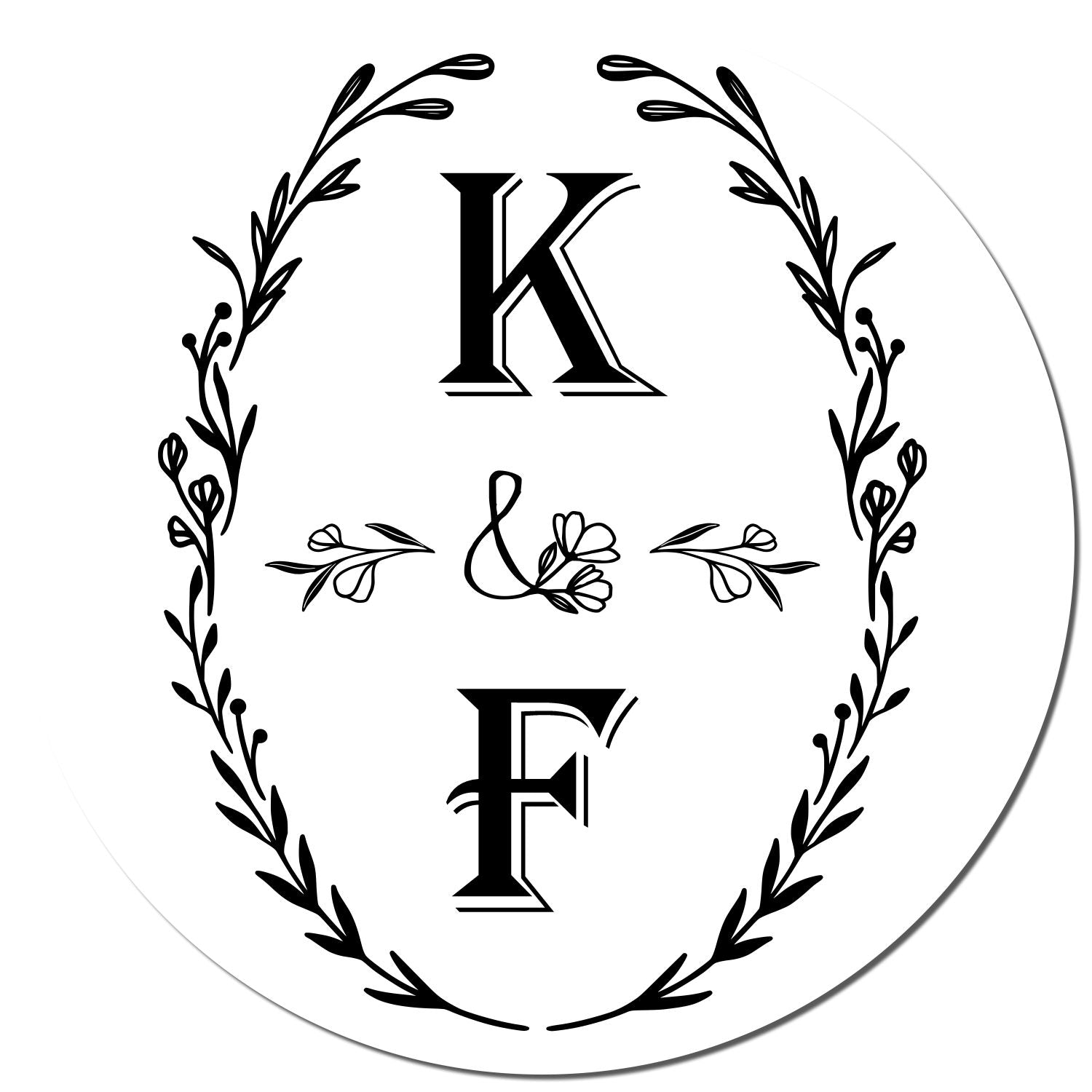 Black-and-white circular stamp seal with floral wreath and monogram letters K and F, featuring decorative botanical branches.
