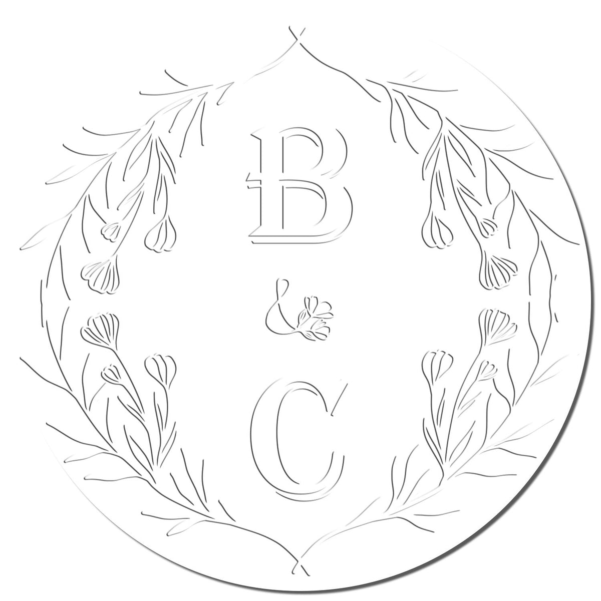 Shiny Soft Blossom Charm monogram wedding invitation seal with embossed initial, featuring elegant floral design and personalized touch.