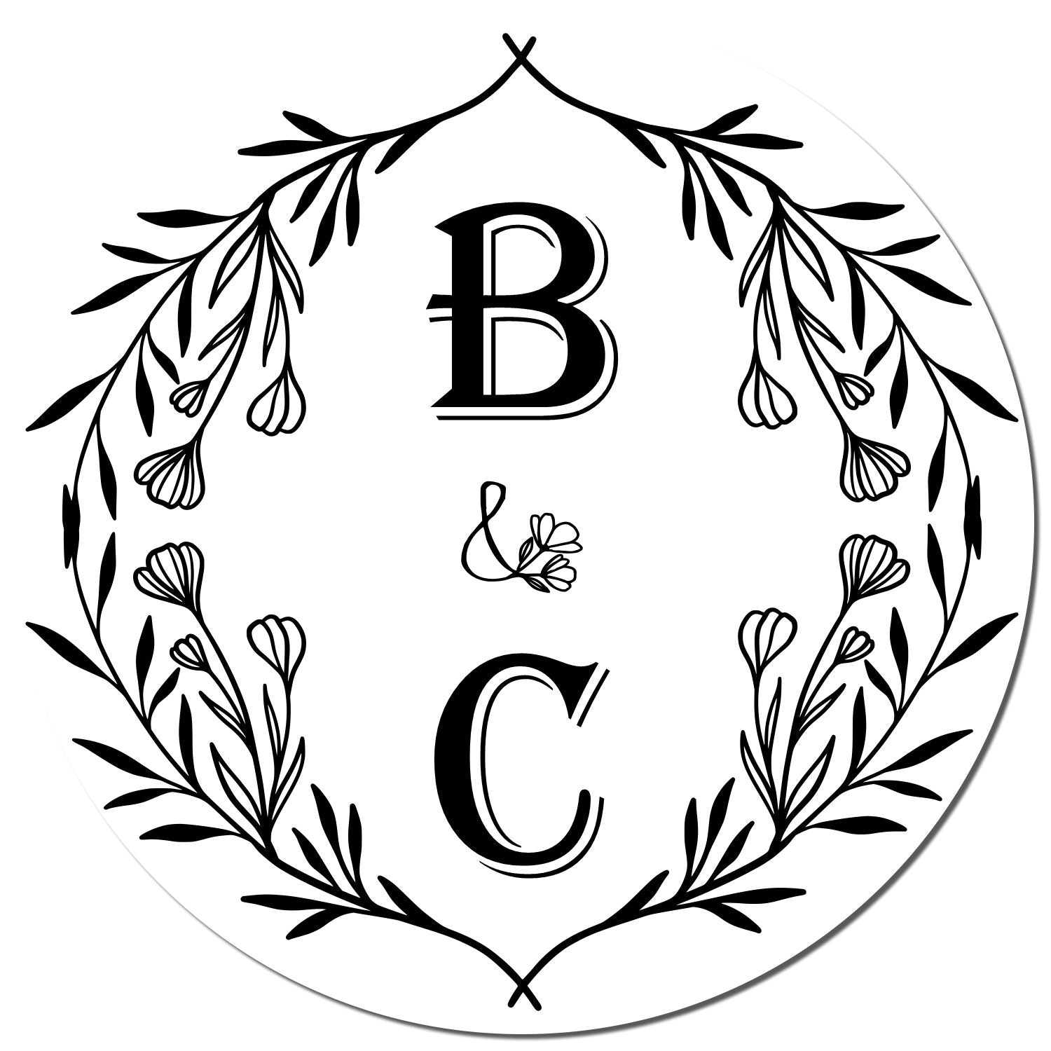 Black-and-white floral monogram stamp seal with large B and C letters, leafy wreath border, and delicate botanical accents.