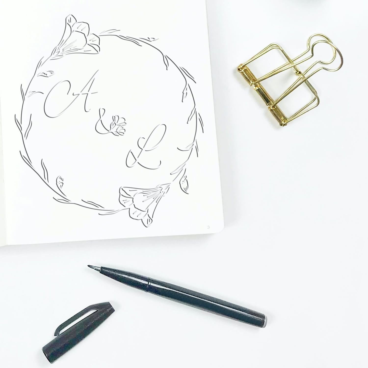 Floral Embrace Monogram Hybrid Custom Couple's Monogram Stamp Embosser - Engineer Seal Stamps