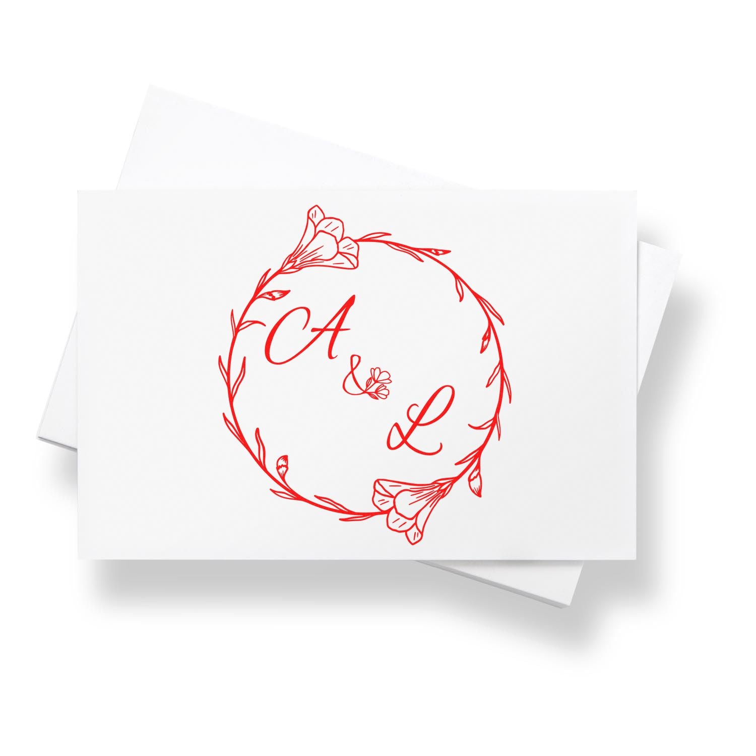 Red floral stamp and seal design with CA & L monogram in a circular wreath on white cards.