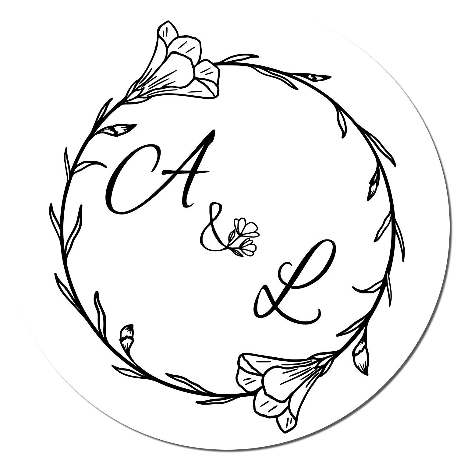 White round stamp seal with black floral wreath and elegant CA & L monogram.