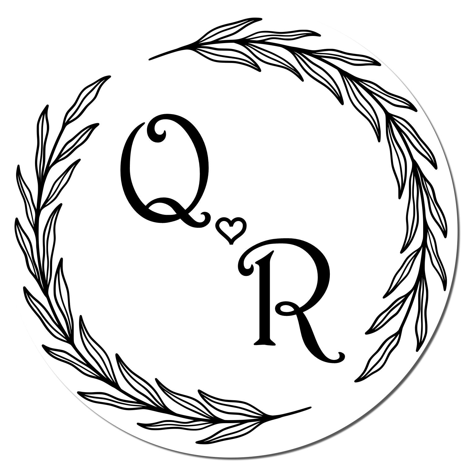 Black Q?R monogram stamp seal with botanical wreath on white background