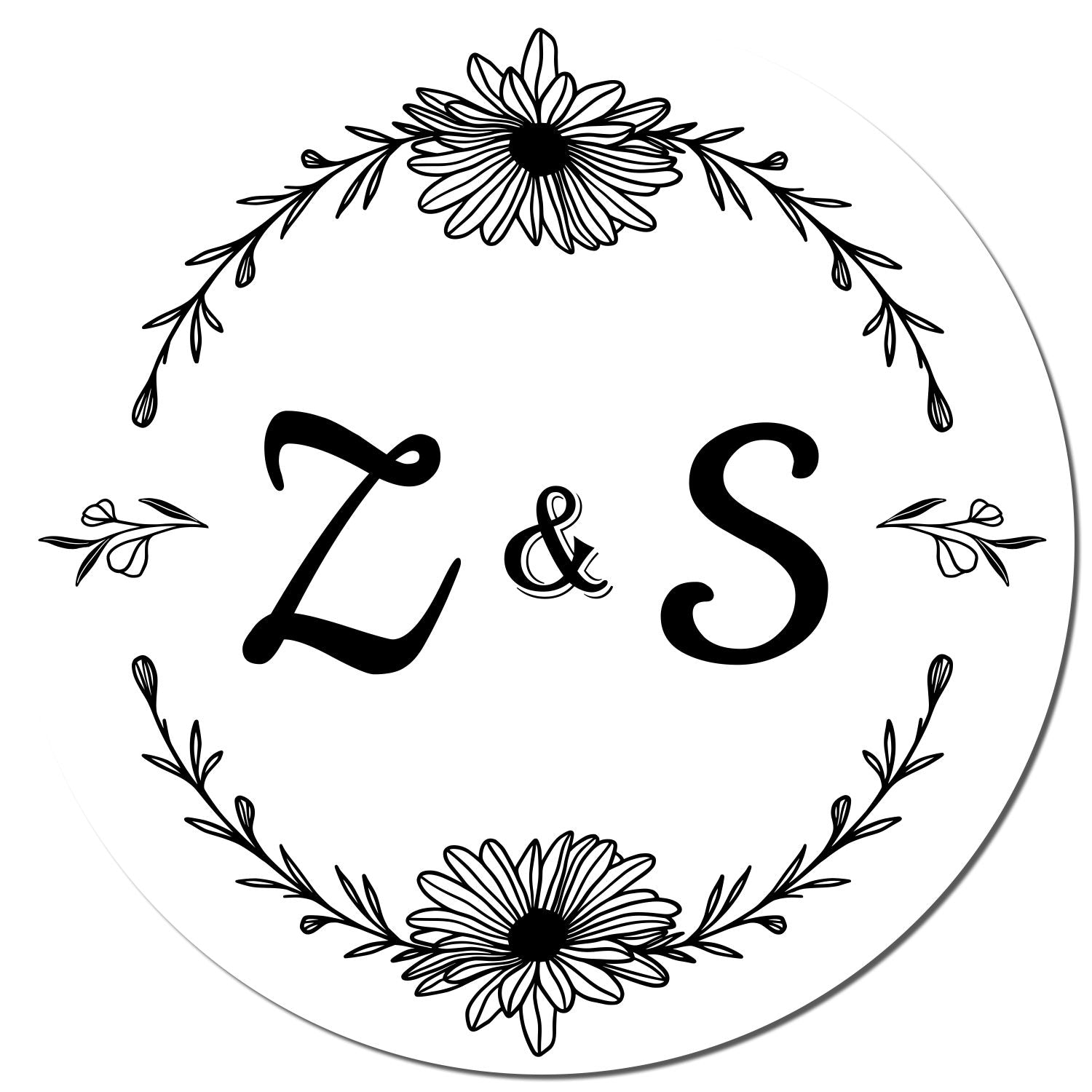 Black-and-white circular floral stamp seal with Z&S monogram, delicate daisy wreath border on white background