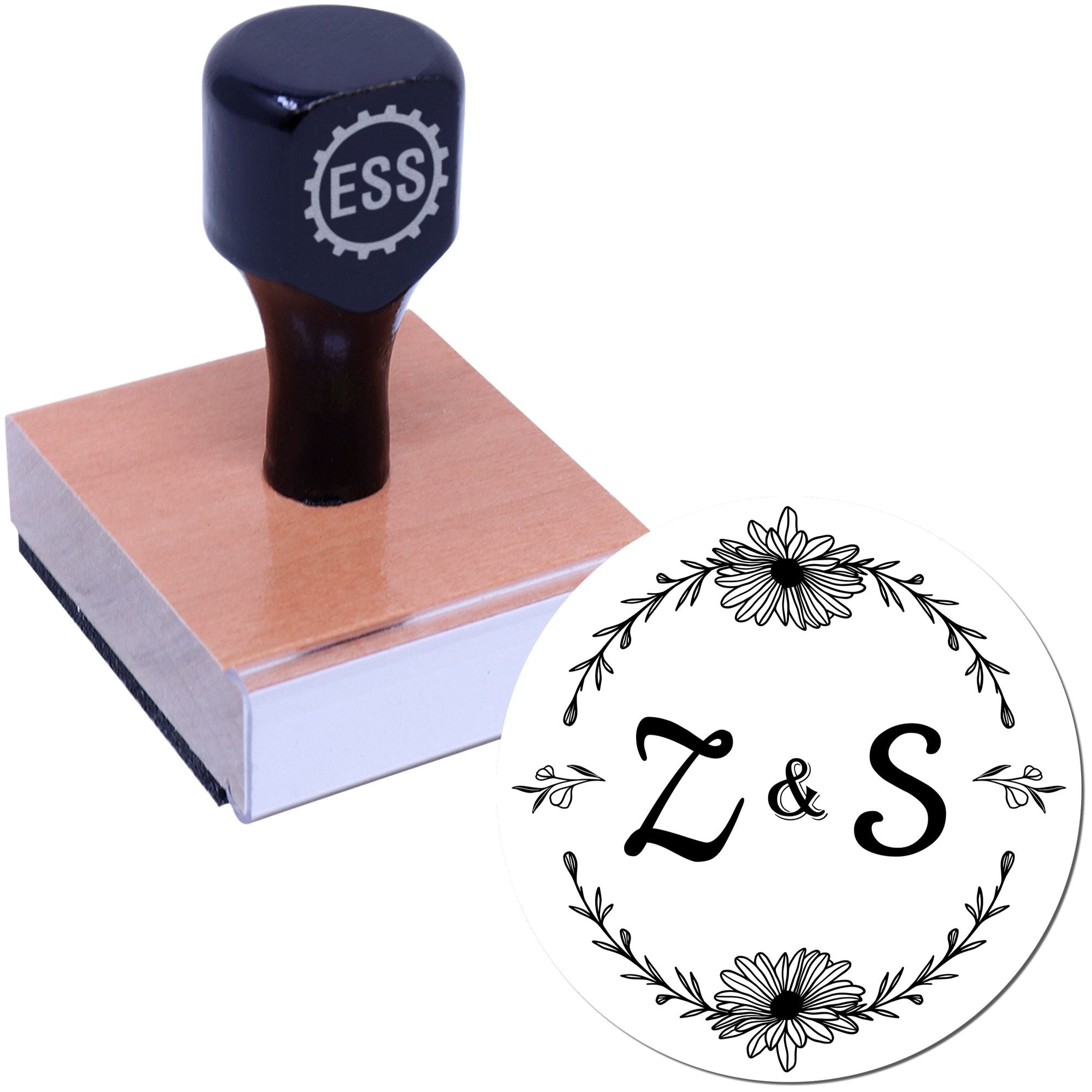 Navy custom stamp on pink wood block with ESS logo, paired with a black-and-white floral seal design for Z&S.