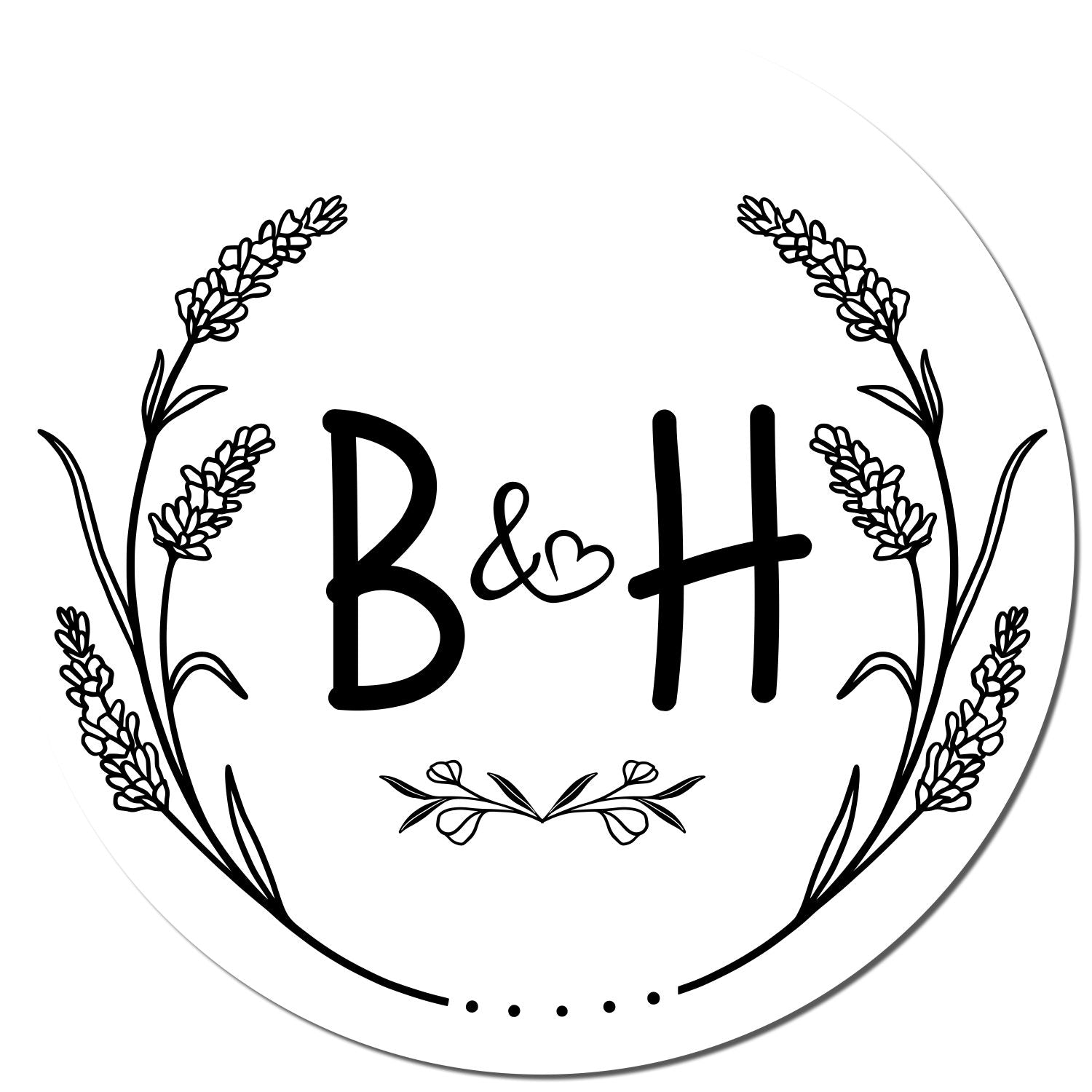 Black B&H monogram stamp and circular seal with floral wreath on a white background.