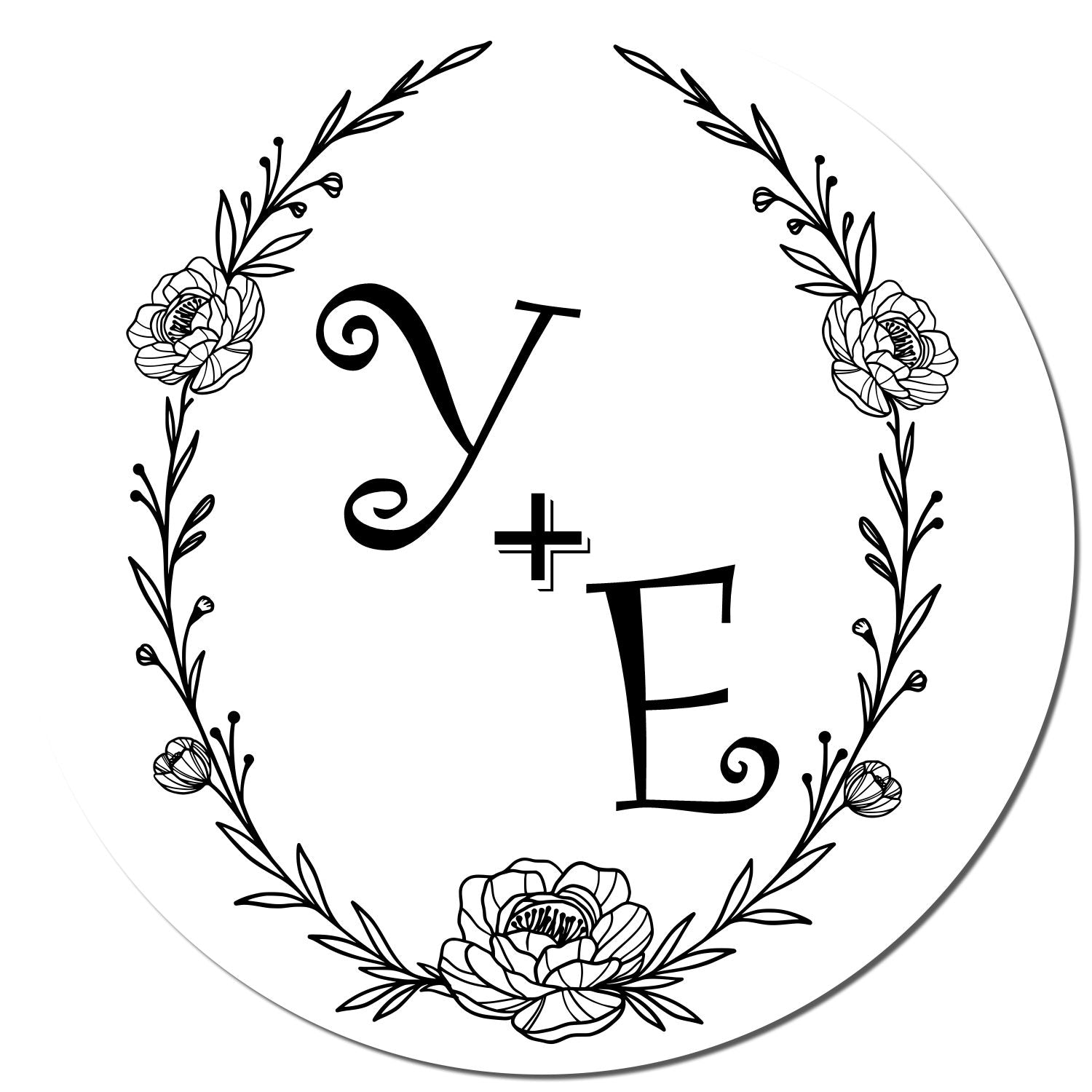 Black Y+E monogram with floral wreath on a white circular stamp seal