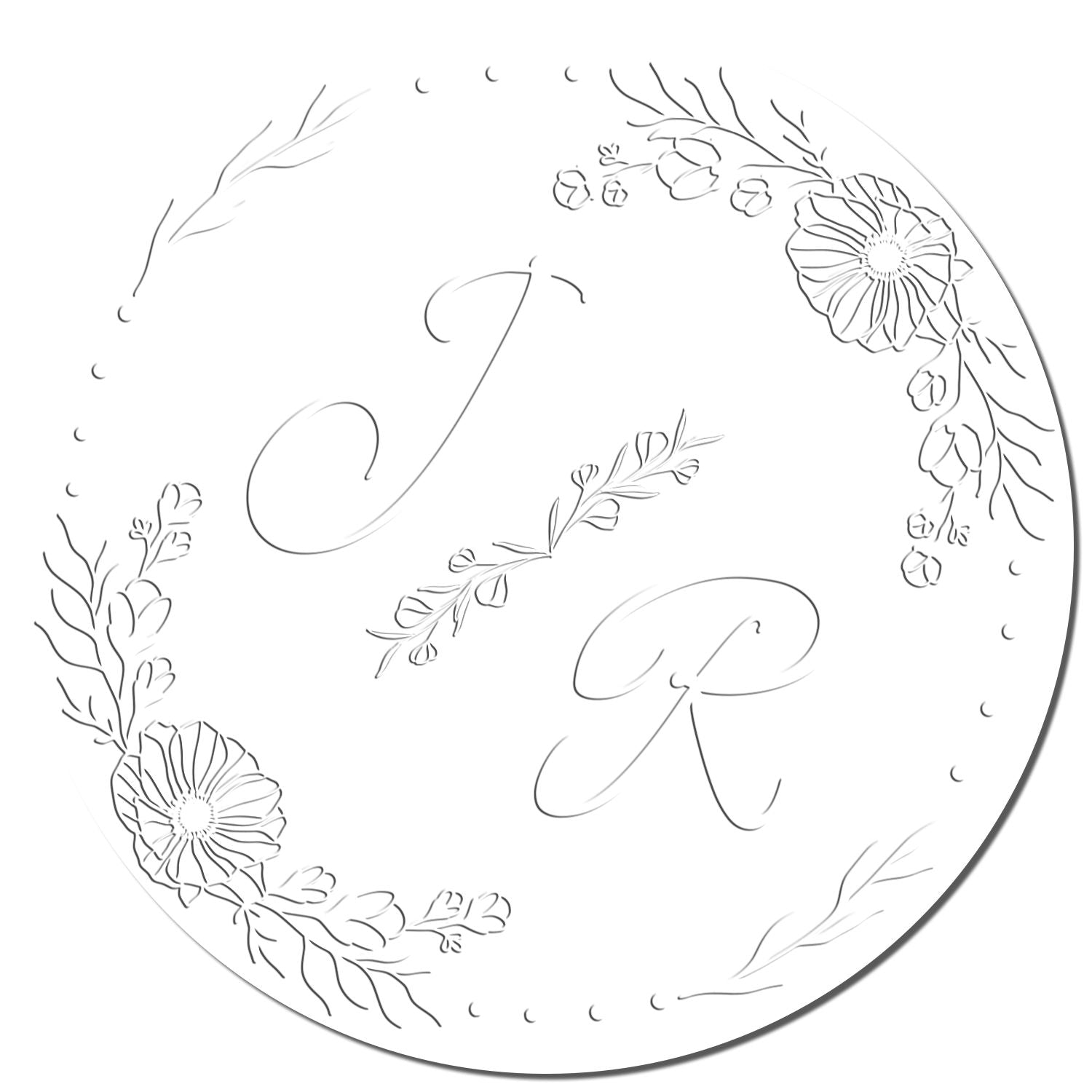 Round white stamp seal with black floral line-art border and cursive monogram letters.