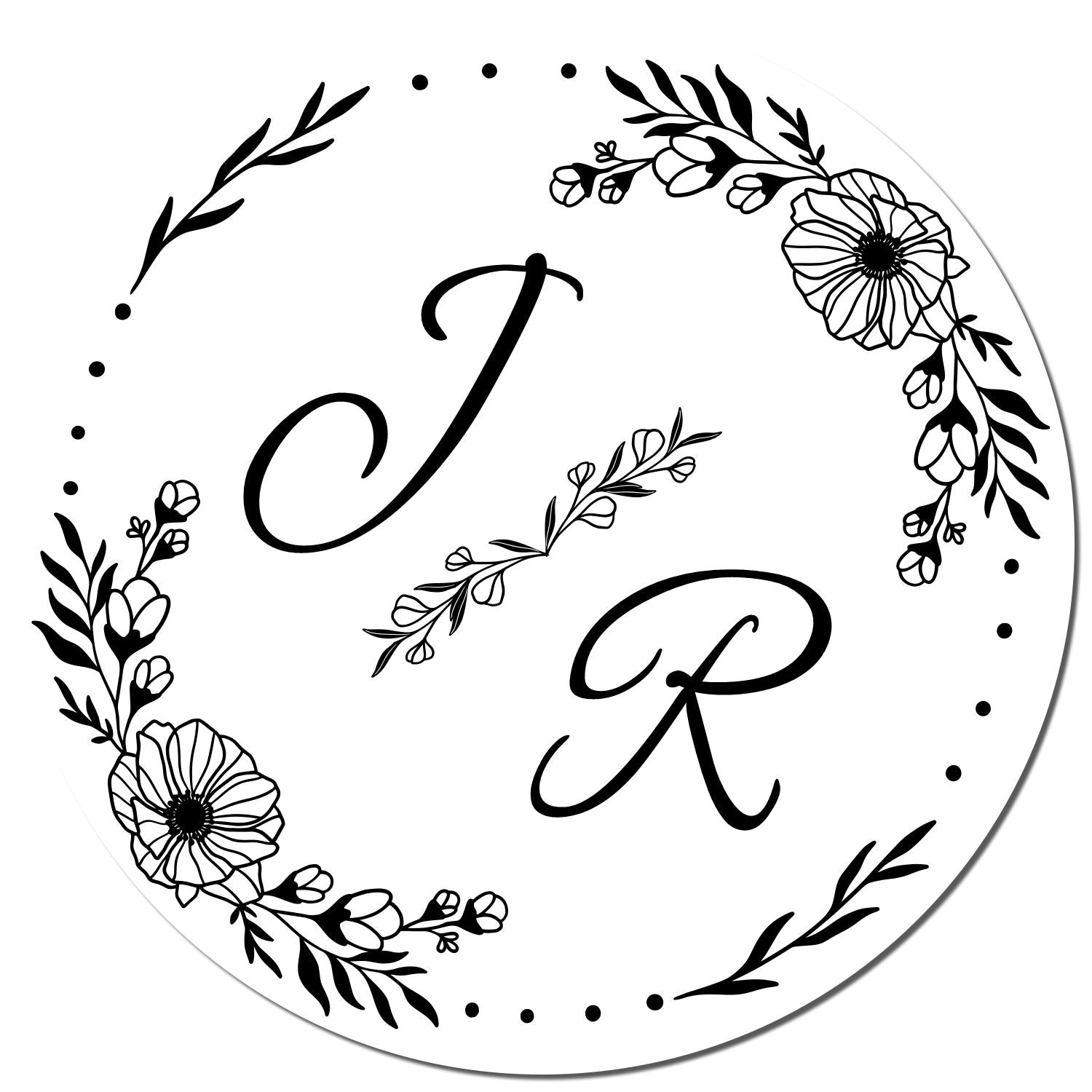 Black floral monogram stamp seal with letters C and R, circular wreath of flowers and leaves on a white background.