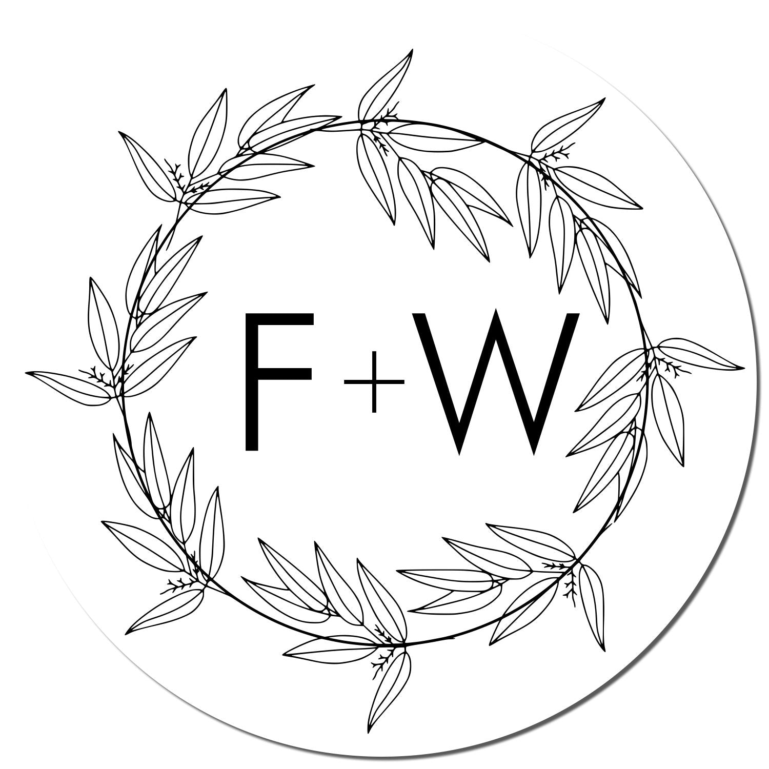 Circular black-and-white seal stamp with leafy wreath and bold F+W initials in the center.