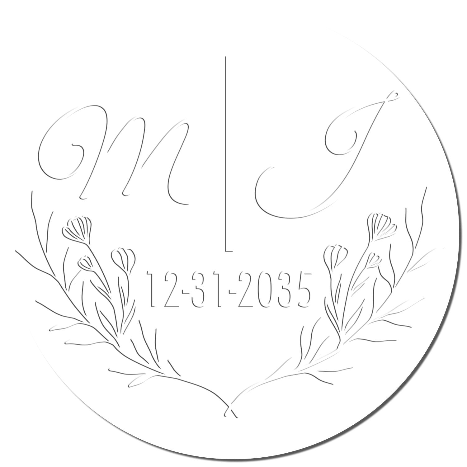 White circular stamp seal with delicate floral branches, stylized M J initials, and date 12-31-2035.