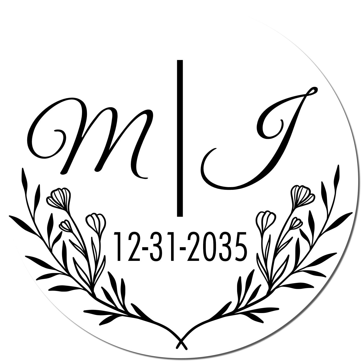 White round wedding stamp seal with black monogram initials m and J, floral wreath accents, and date 12-31-2035.