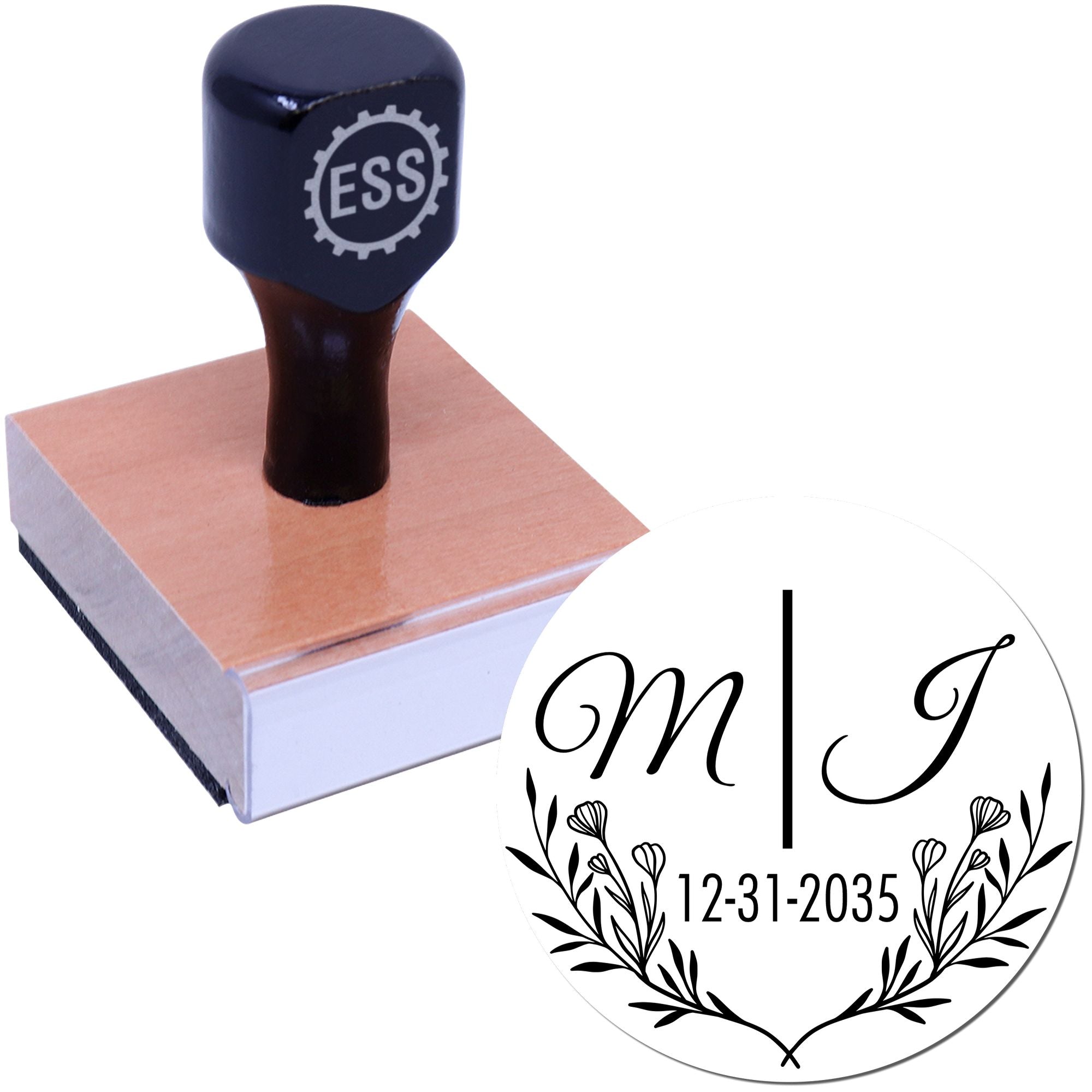 Custom stamp and seal with black handle, pink base, and round floral monogram design on white background.
