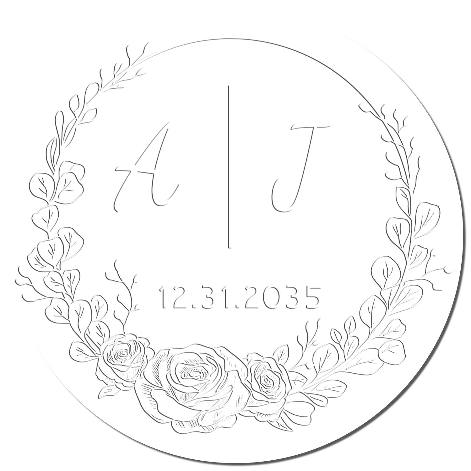 White circular floral monogram stamp seal with initials A J and date 12.31.2035 in gray line art.