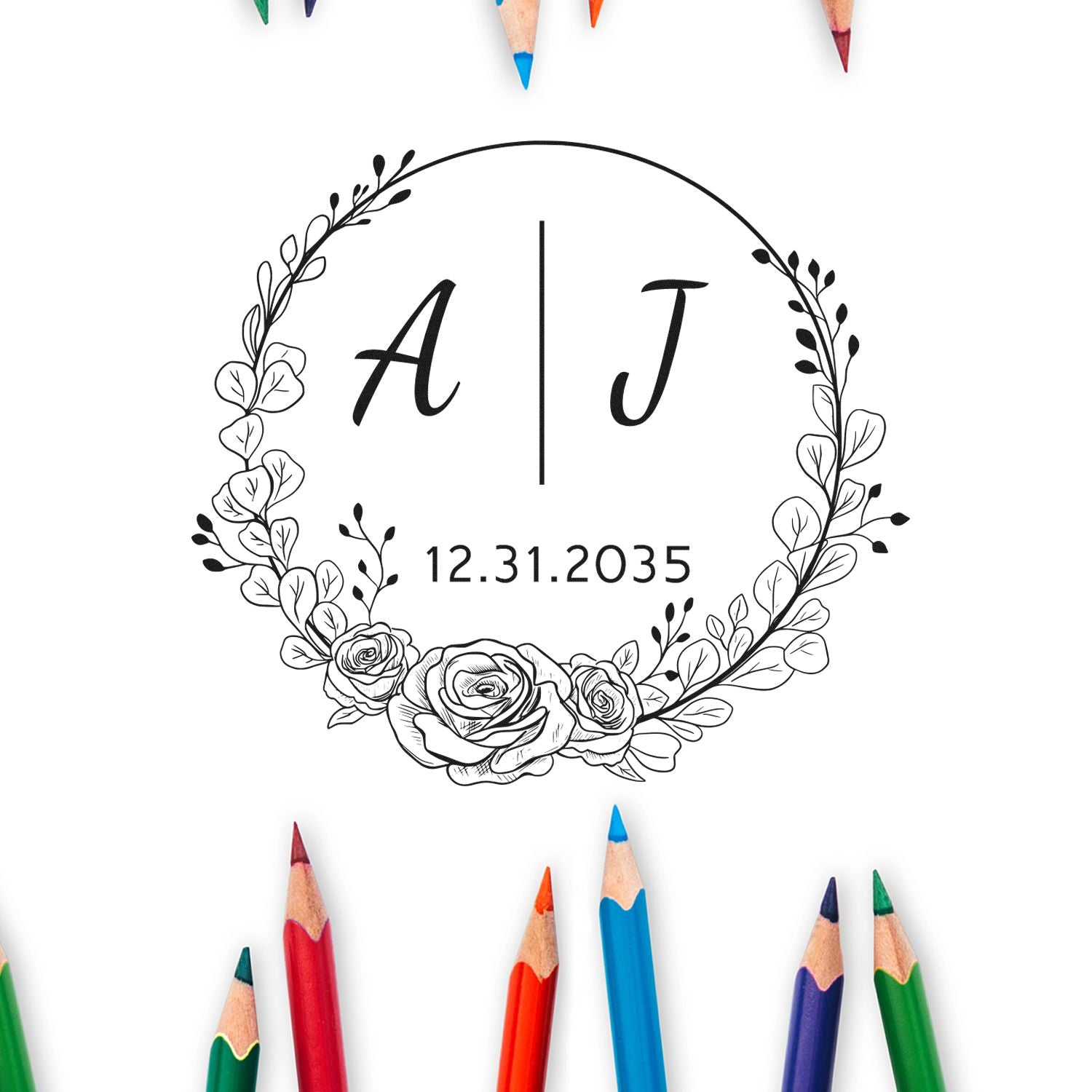 Custom floral wedding stamp and seal with black A|J monogram, roses, and date 12.31.2035, surrounded by colored pencils.