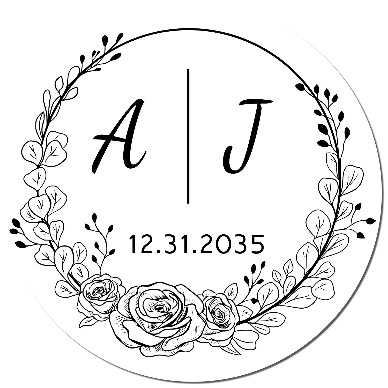 Black-and-white circular floral monogram stamp seal with initials A and J and date 12.31.2035