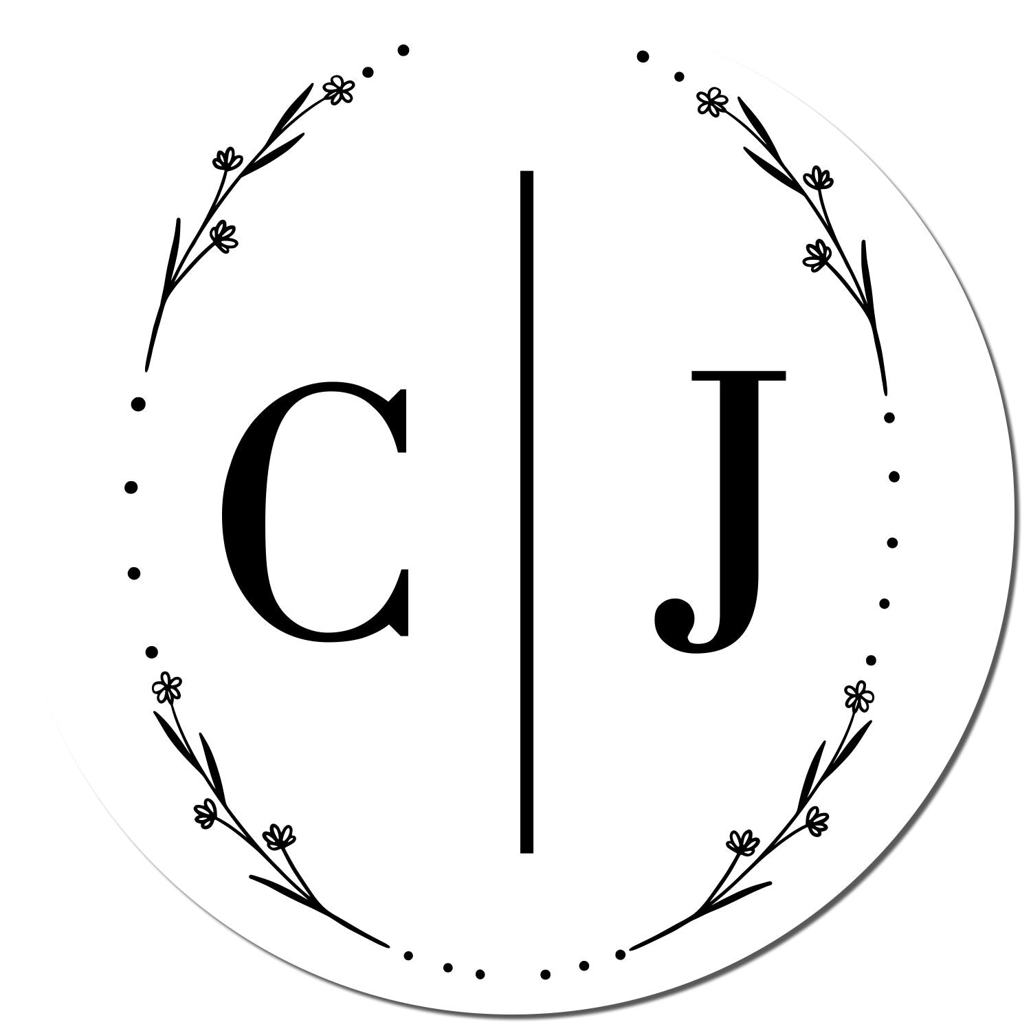 Round black monogram stamp seal with C and J initials, floral wreath border, and dotted accents on white background.