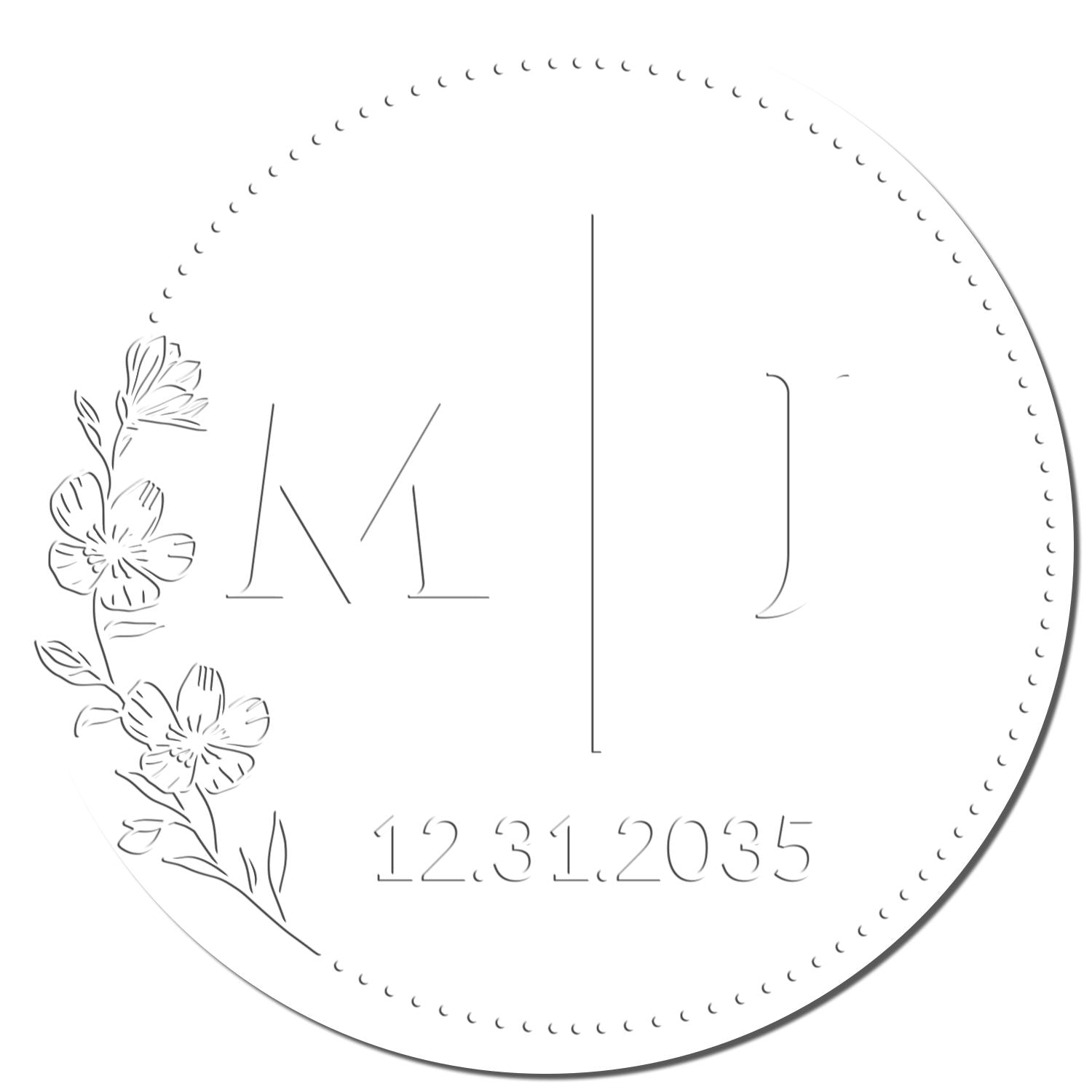 Custom white circular floral stamp seal with dotted border, black line art initials, and date 12.31.2035