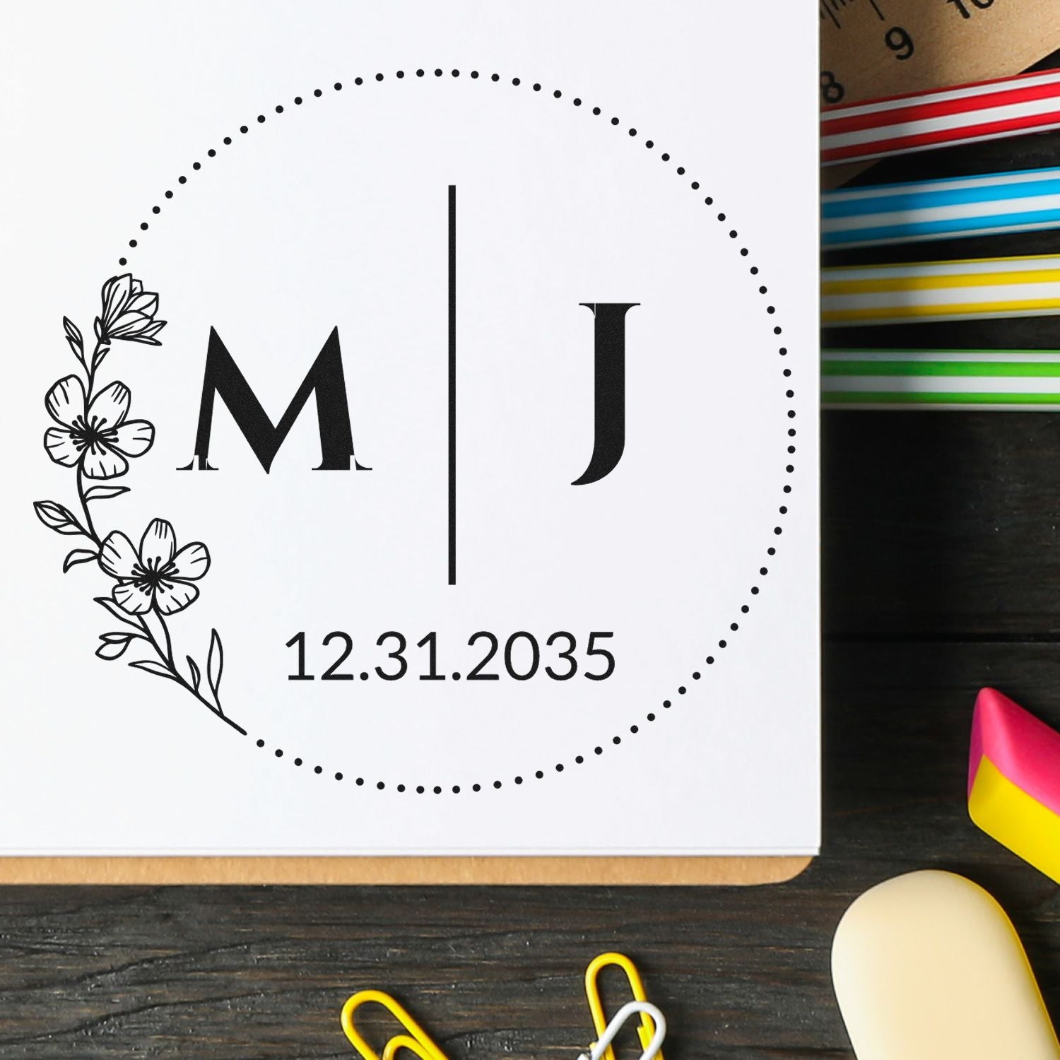 Personalized monogram stamp seal with black floral wreath, dotted circle, initials M and J, and date 12.31.2035 on white card.