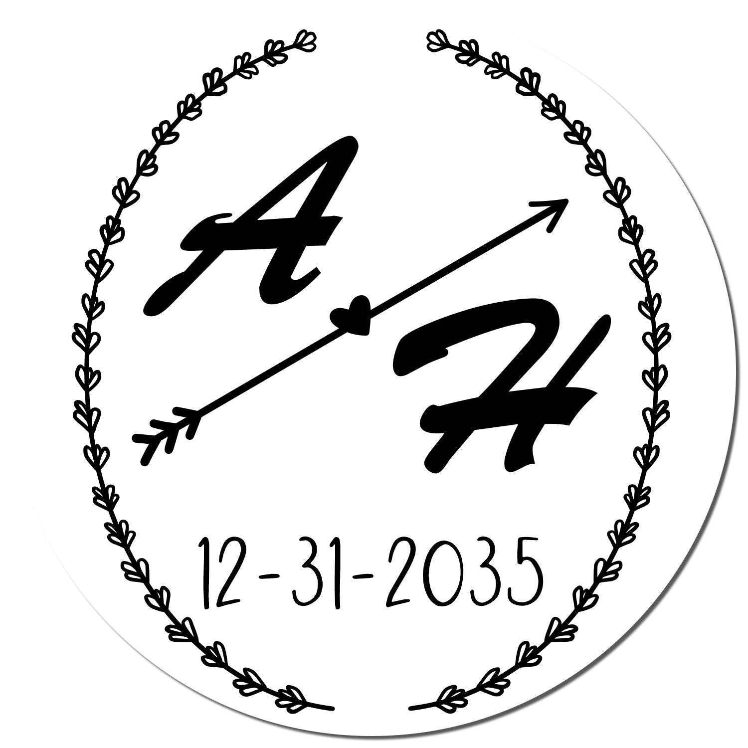 Black-and-white round stamp seal with laurel wreath, arrow and heart, initials A Z, and date 12-31-2035.