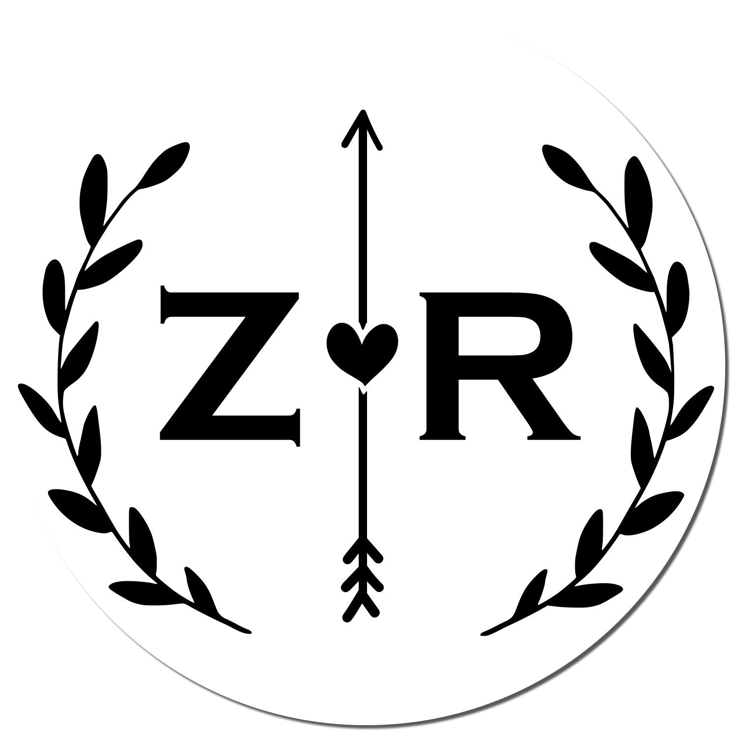 Black ZR monogram stamp seal on a white circular background, framed by laurel branches and a heart-tipped arrow.