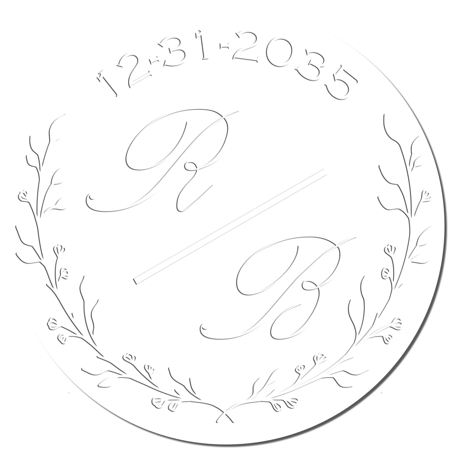 White and gray round embossing seal stamp with floral wreath border and elegant monogram lettering.