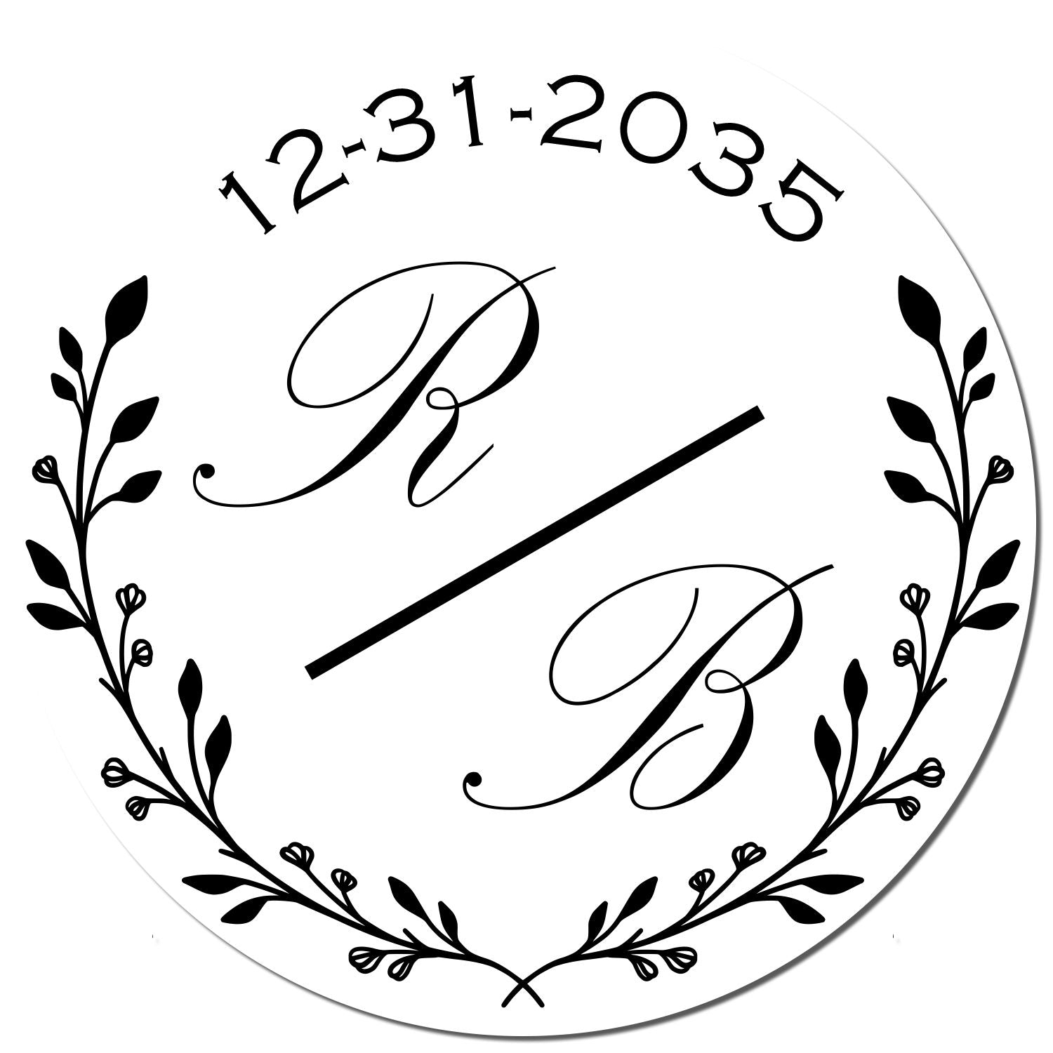 Black-and-white circular stamp seal with floral wreath, monogram P/B, and date 12-31-2035.