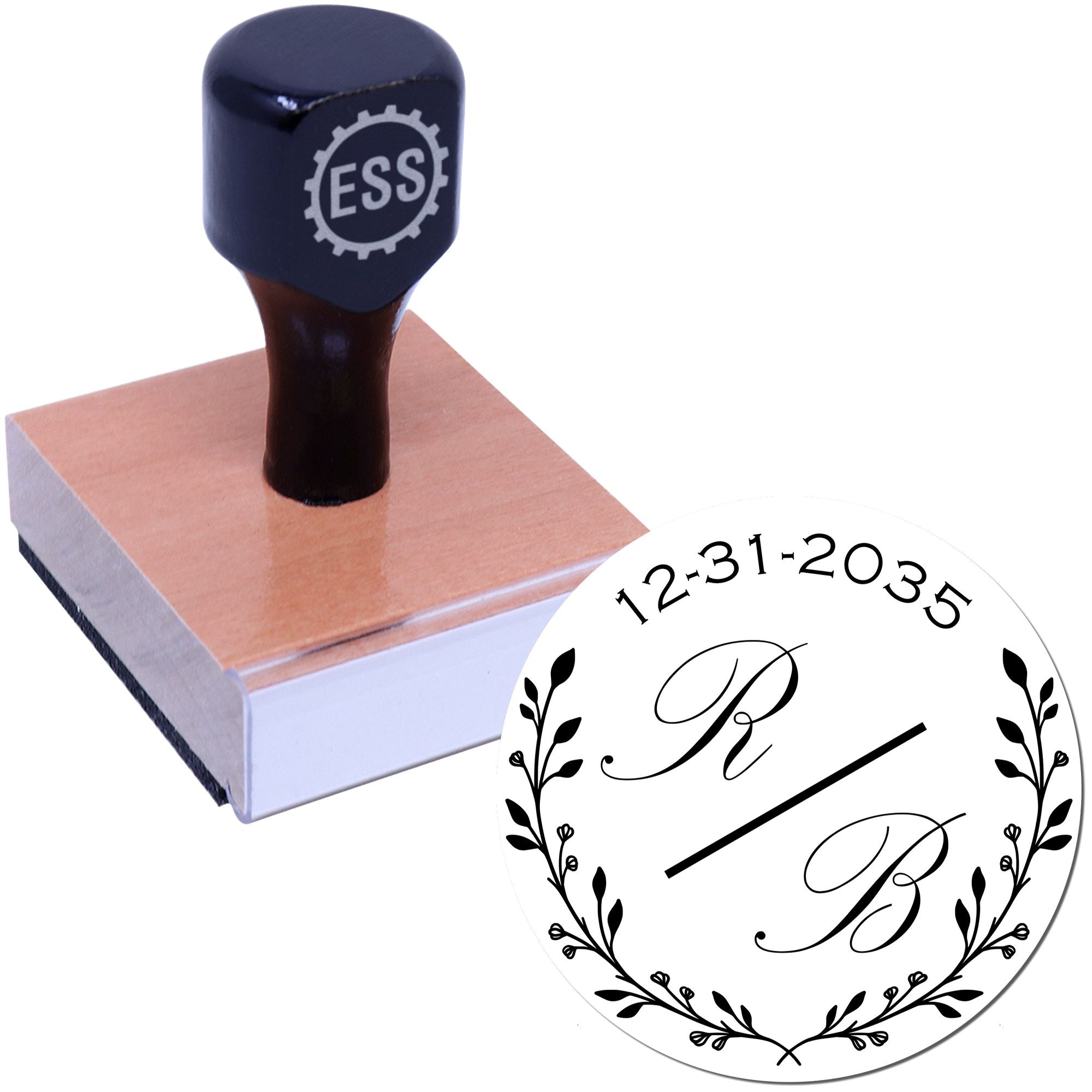 Black self-inking stamp on wooden block beside a white custom seal with floral wreath, initials, and 12-31-2035.