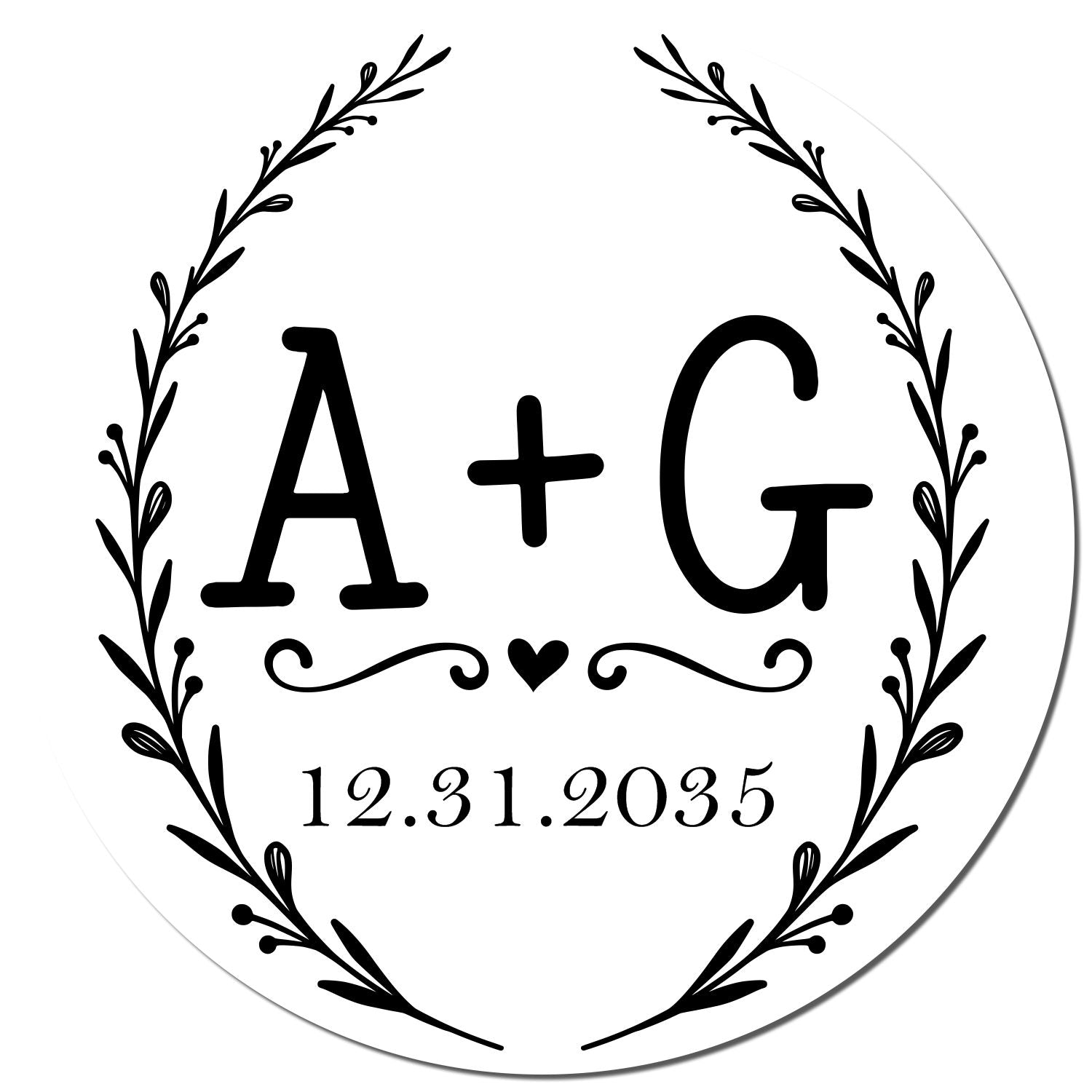 Black circular custom stamp seal with A+G, heart, date 12.31.2035, and botanical wreath in black on white.