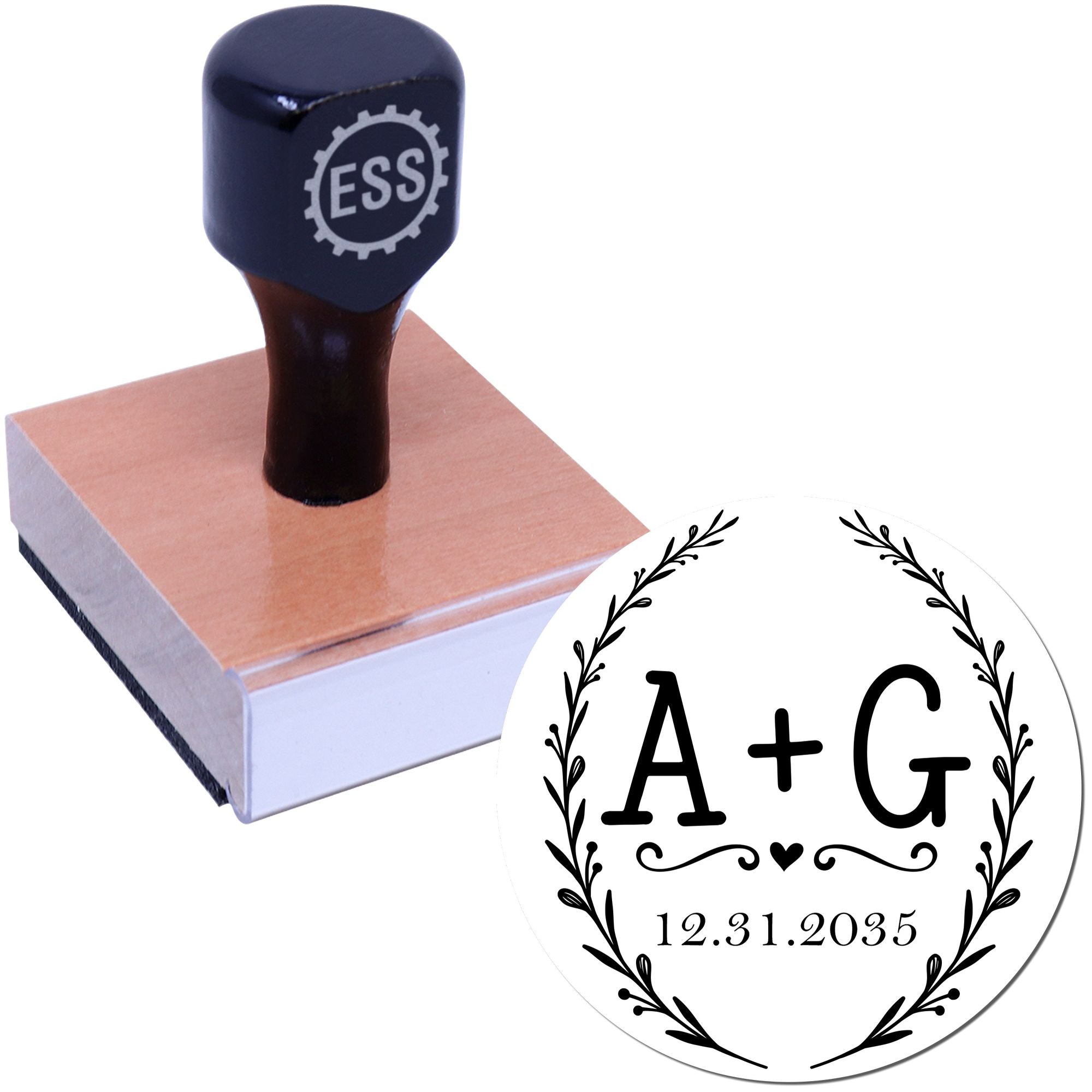 Custom black ESS stamp with wooden base and round A+G wedding seal with wreath and date 12.31.2035