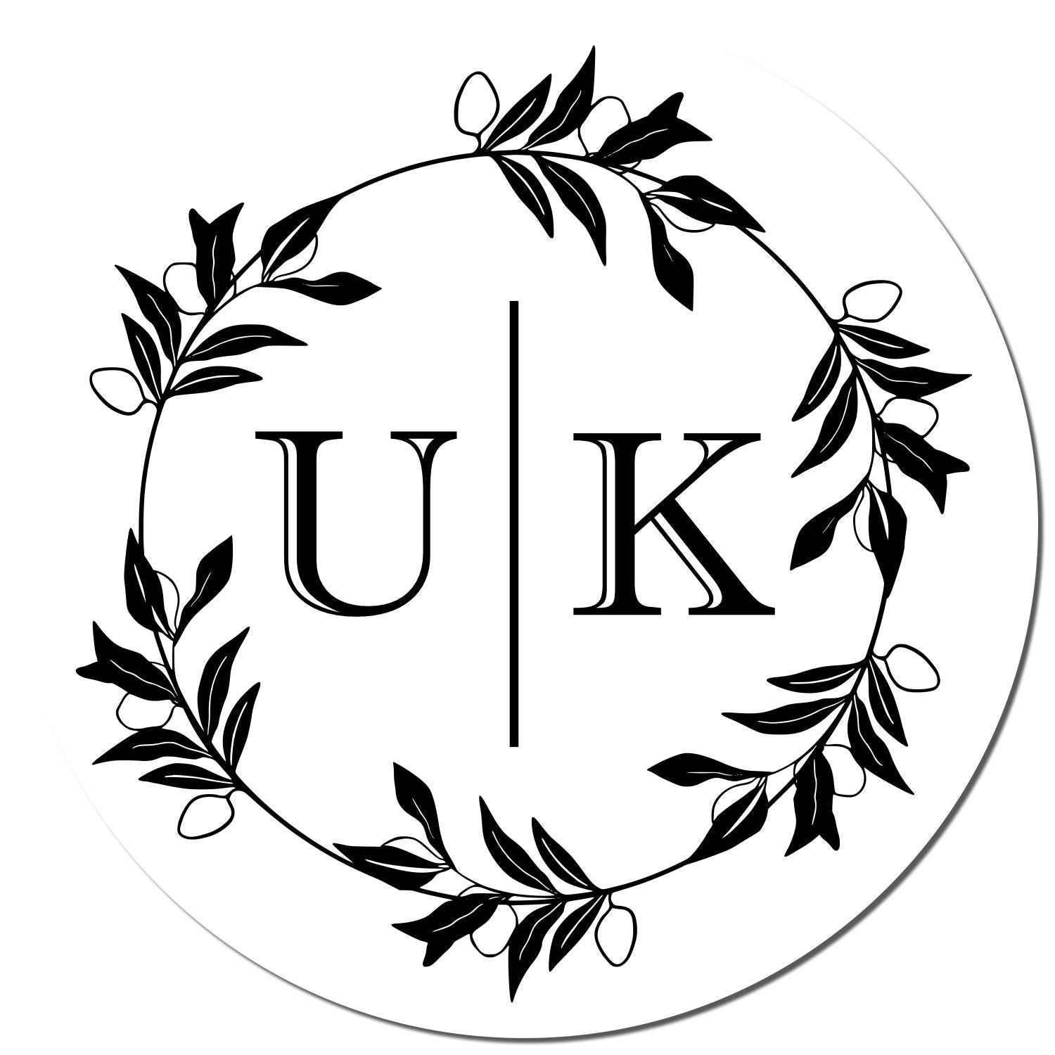 Black botanical wreath monogram seal with UK initials and vertical divider on a white round stamp.
