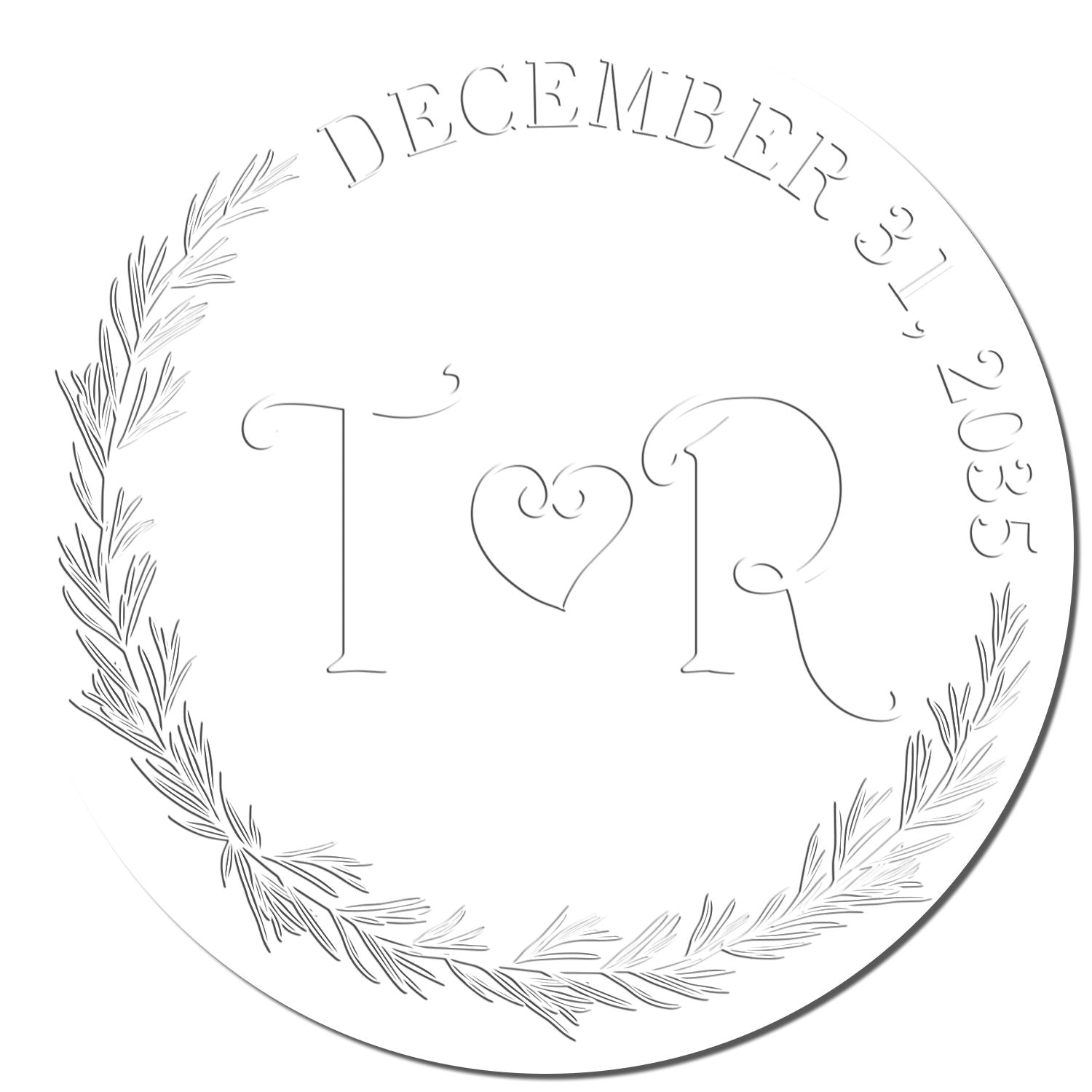 White circular stamp seal with gray botanical wreath, December 31, 2027, and I?R monogram.
