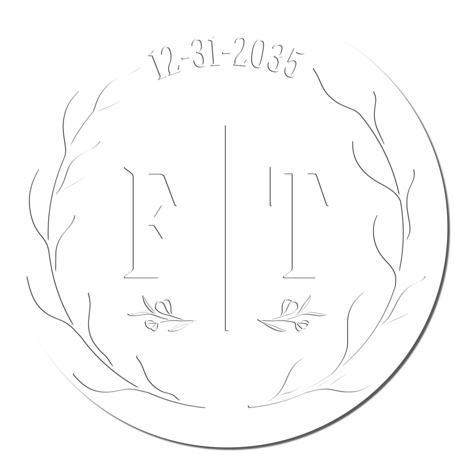 White circular stamp seal with thin black leaf border, split monogram letters, and date 12-31-2035.