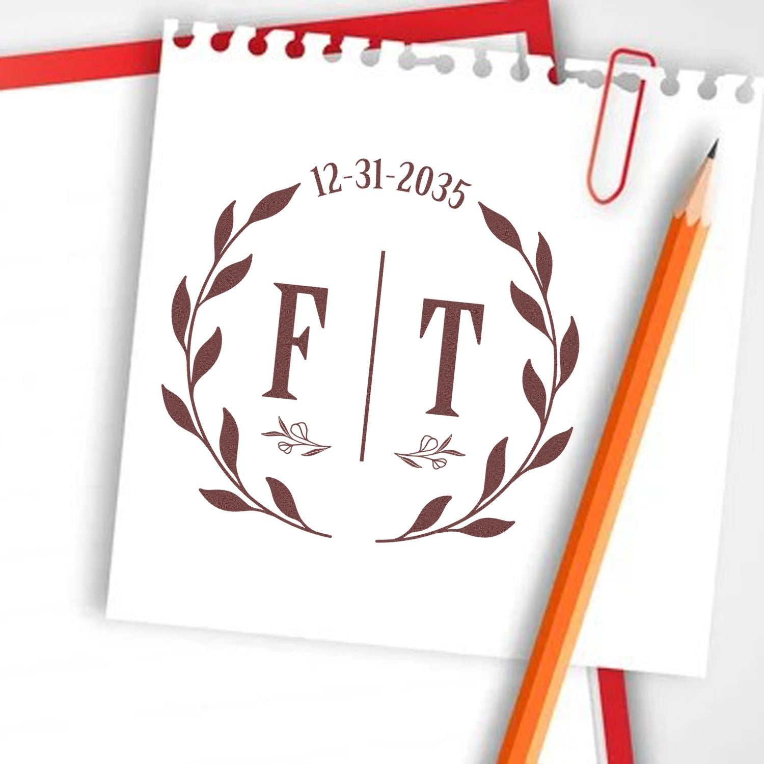 Brown custom stamp seal with F|T monogram, laurel wreath, and 12-31-2035 on white paper, with red paperclip and orange pencil.