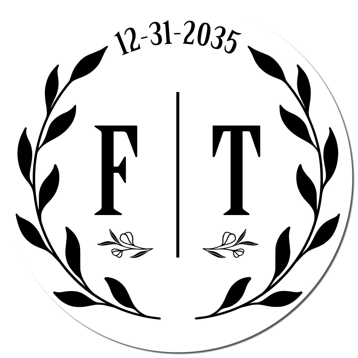 Black custom round stamp seal with laurel wreath, initials F and T, and date 12-31-2035 on a white background.