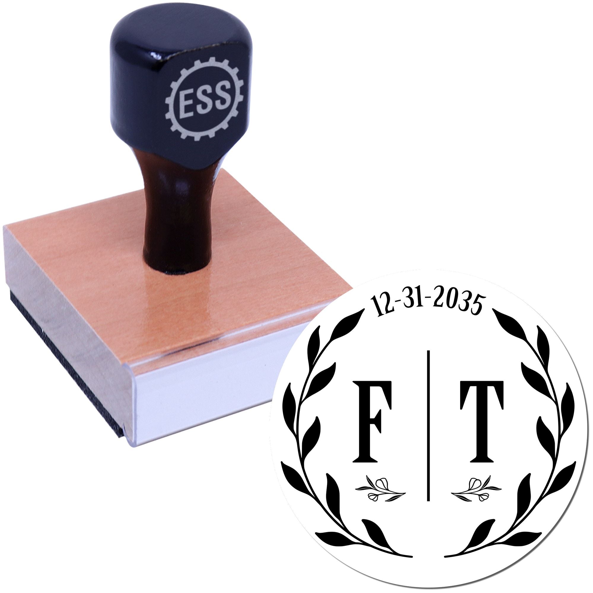 Dark navy self-inking stamp on wooden base with custom circular white seal design featuring black initials and date.