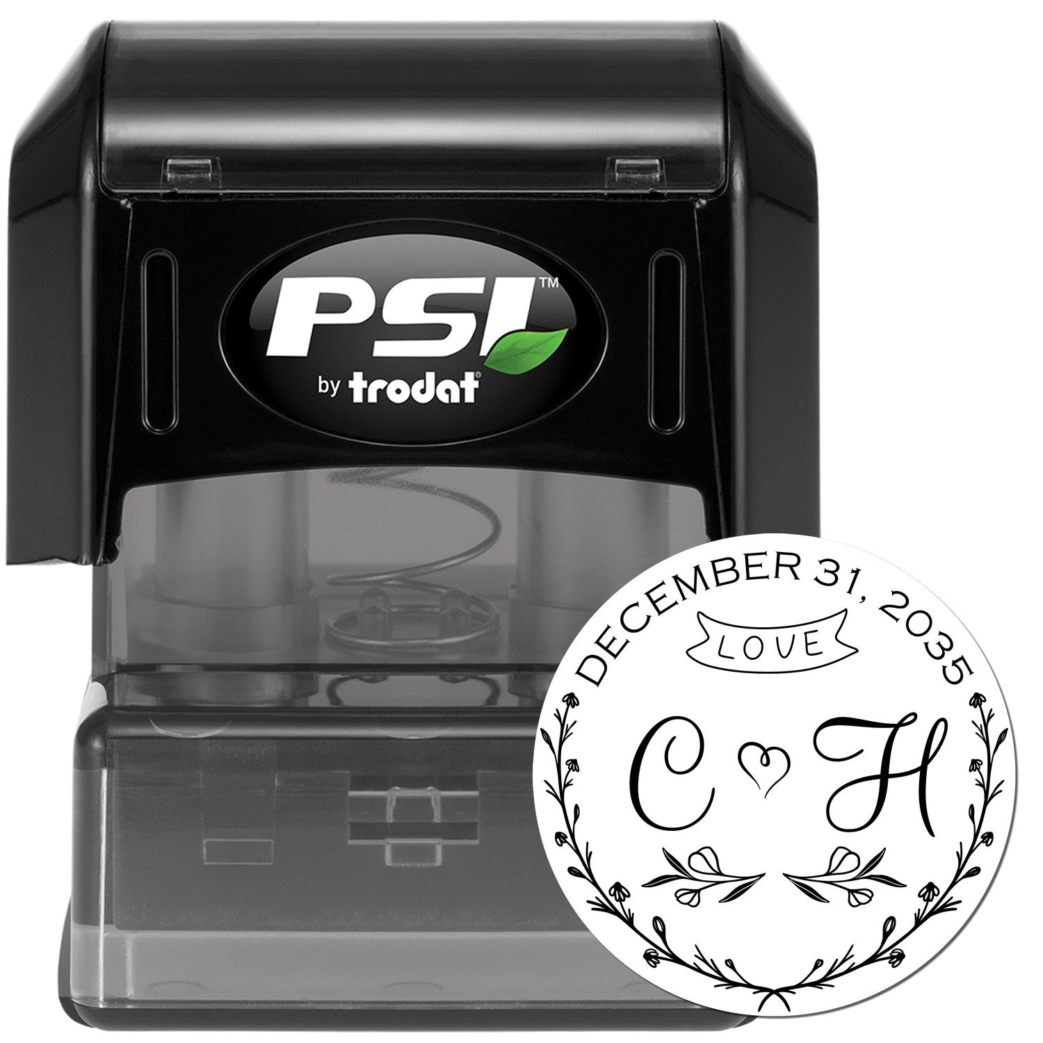 Black PSI by Trodat self-inking stamp with round white wedding seal, C?H monogram, flowers, and December 31, 2035.