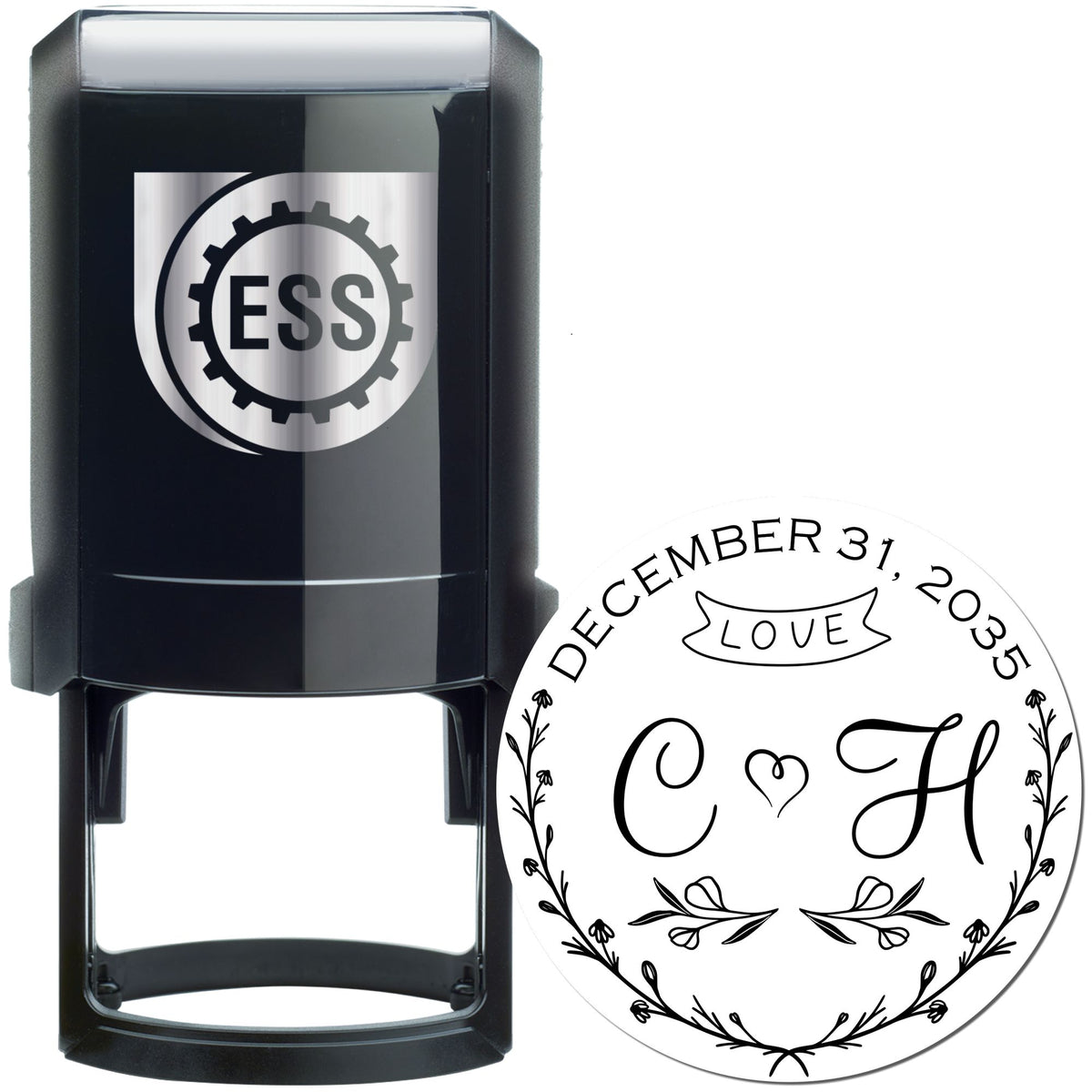 Black self-inking ESS stamp and white custom seal with floral wreath, LOVE, and December 31, 2035.