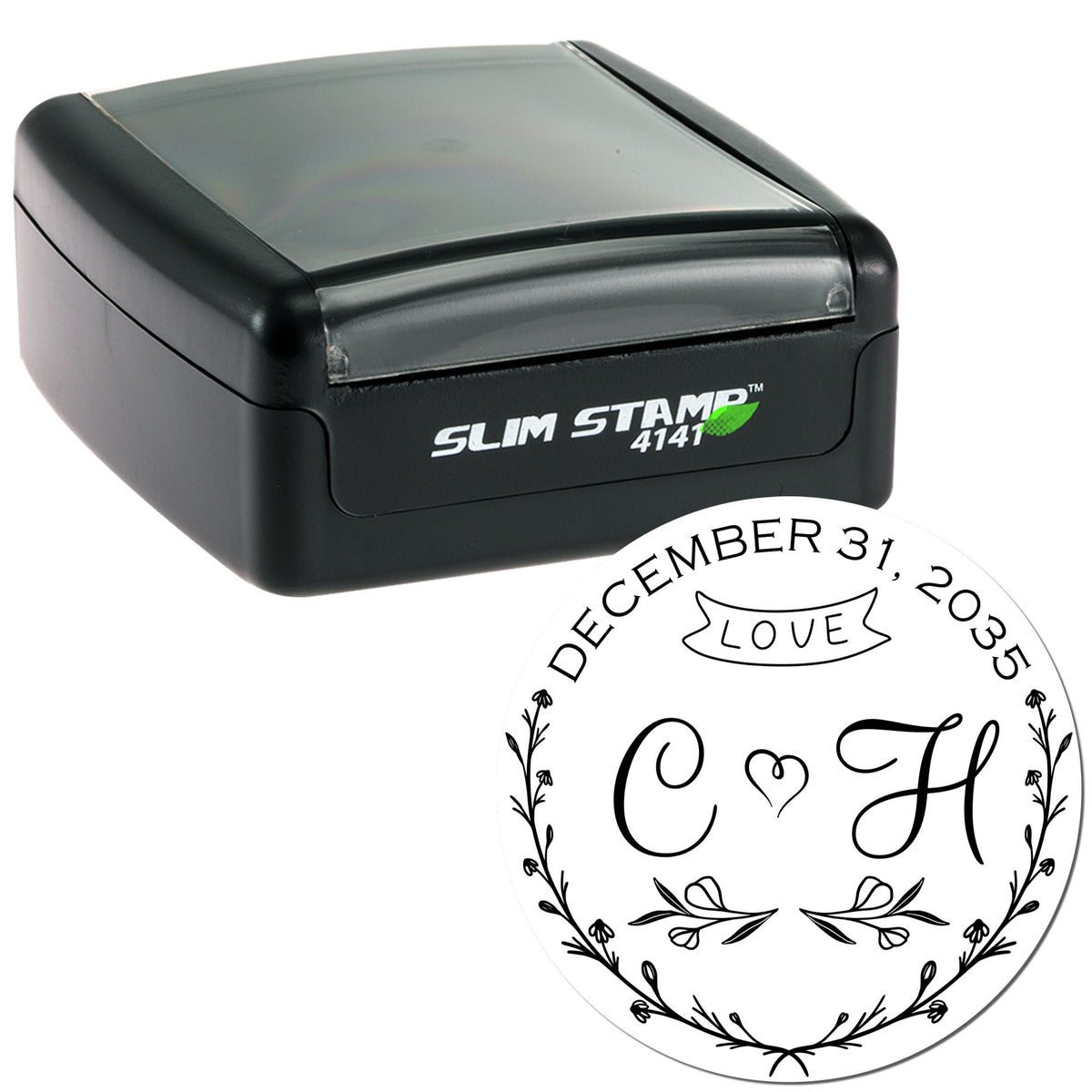 Black Slim Stamp 4141 self-inking stamp with custom round seal design, white floral border, LOVE banner, and date December 31, 2035