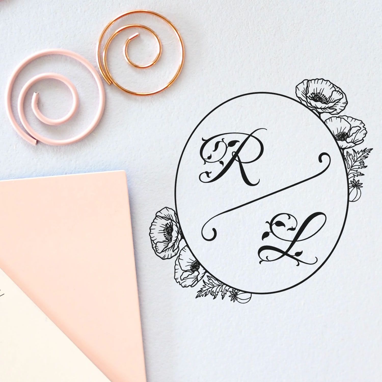 Round Botanical Beauty Monogram Initial Wedding Stamp