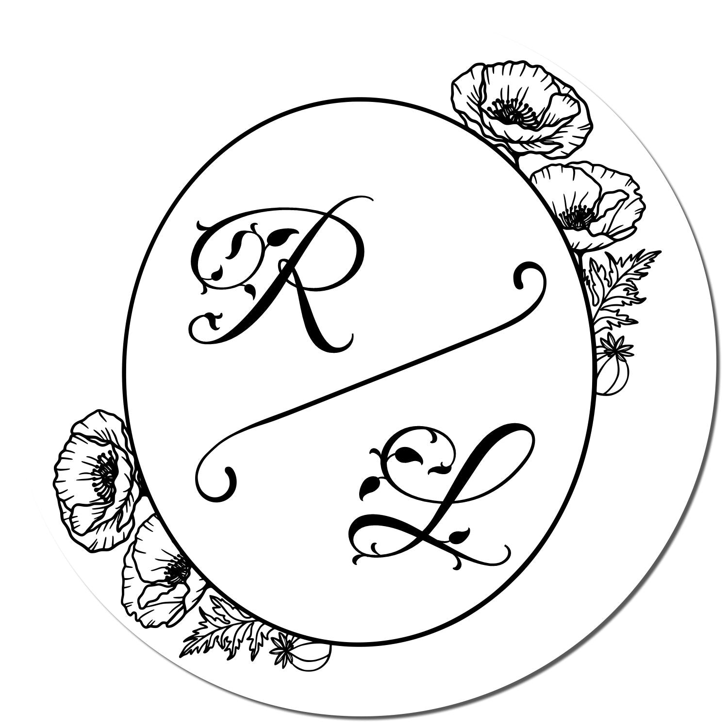 Black-and-white decorative stamp seal with ornate R and L monogram, circular border, and floral poppy accents.