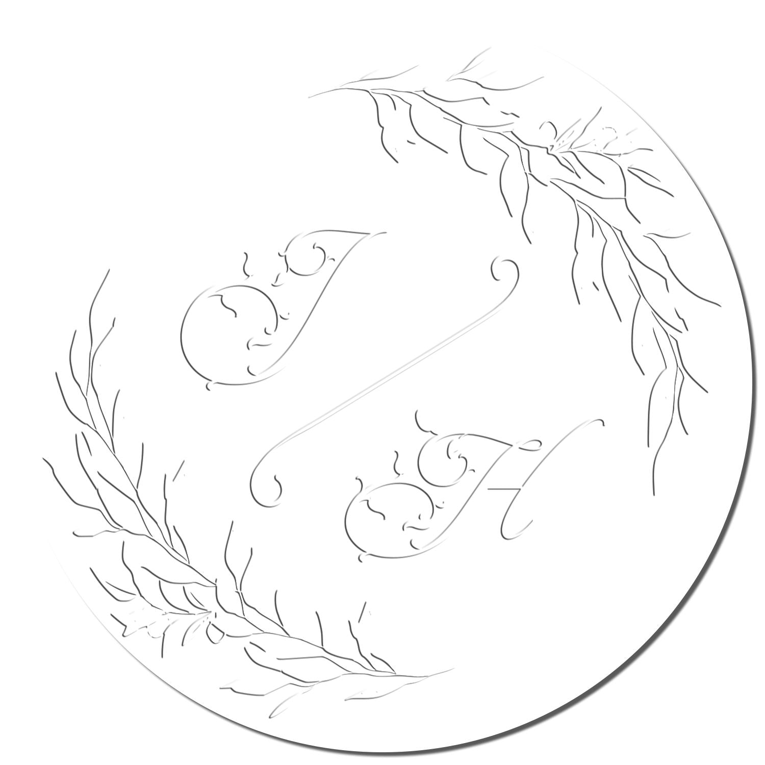 Round white stamp seal with delicate gray floral branches and abstract swirls, minimalist engraved design.