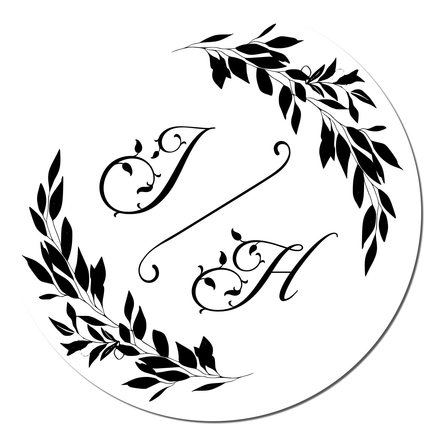 Black-and-white round stamp seal with leafy wreath border and ornate monogram letters J and H on a white background
