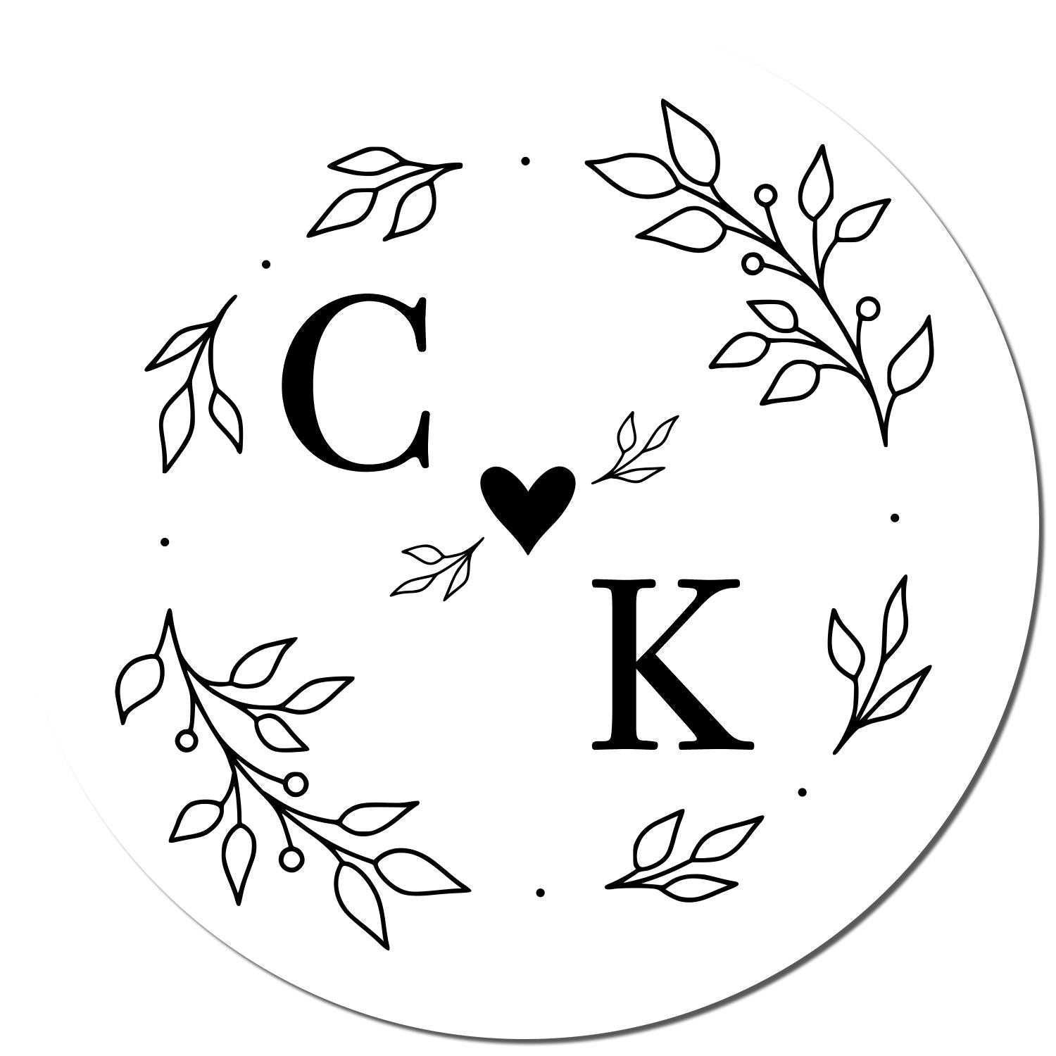 Black-and-white circular stamp seal with C and K monogram, heart center, and leafy wreath accents.