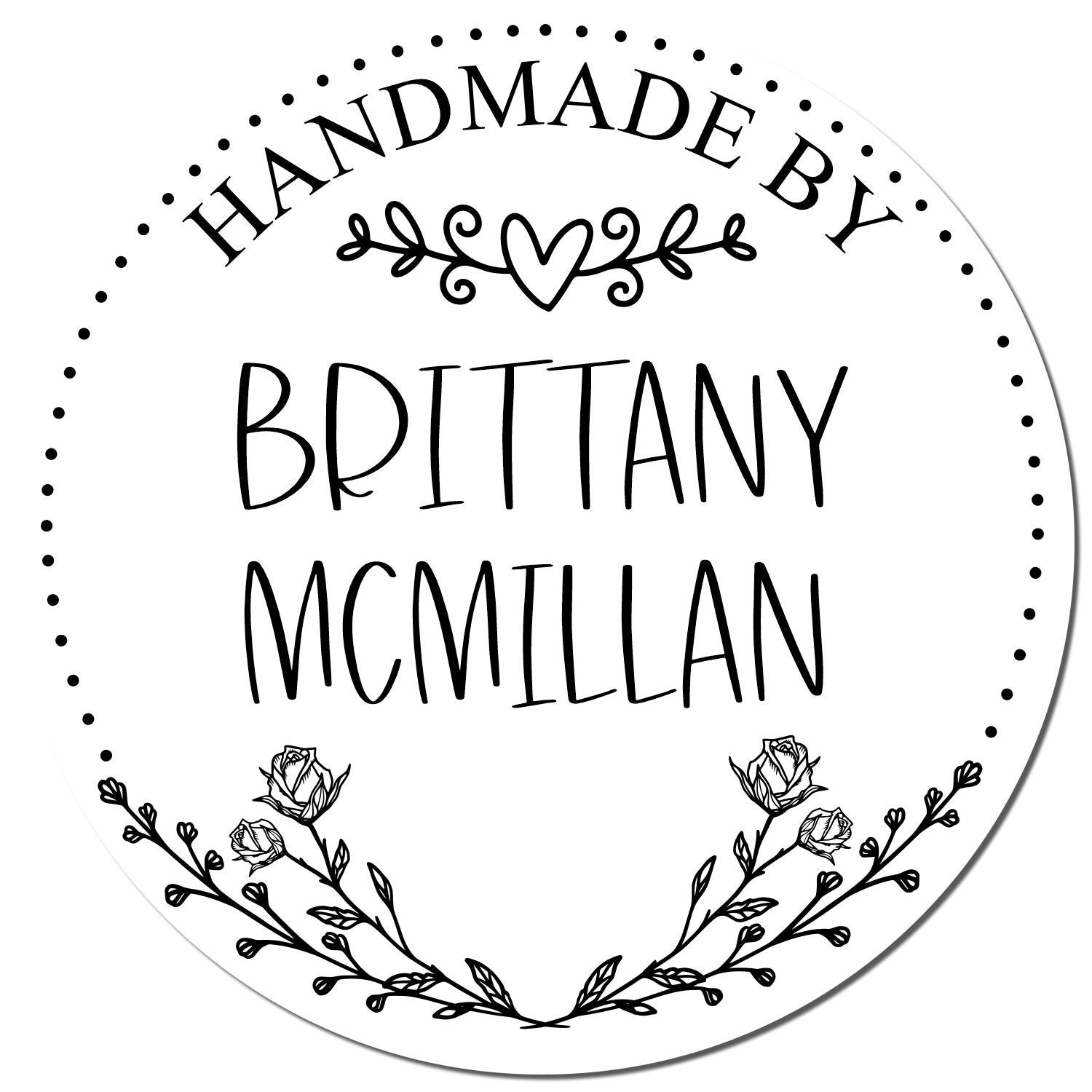 Round white handmade stamp seal with black “Handmade by Brittany McMillan” text, heart, dotted border, and floral wreath.