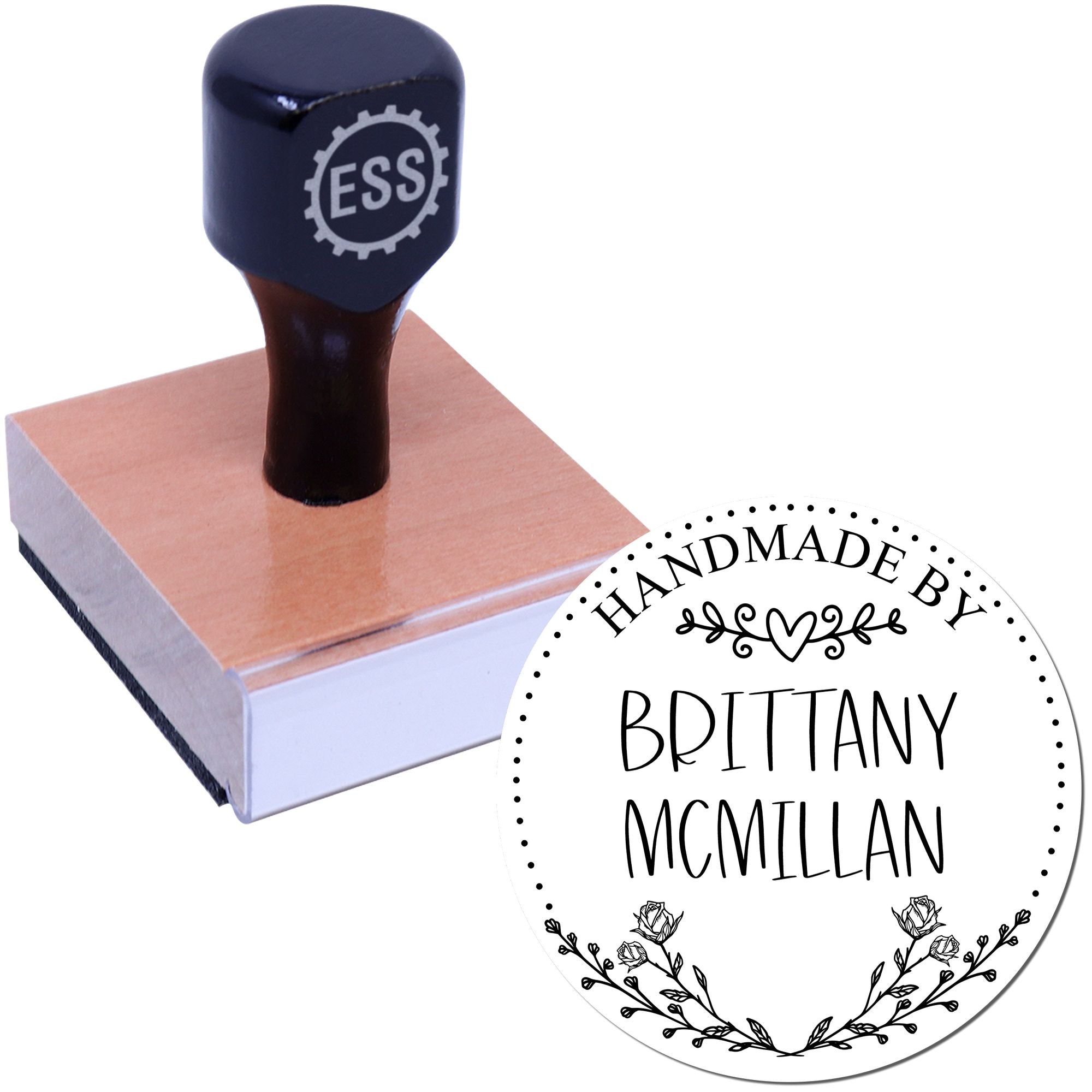Dark navy ESS rubber stamp on a wooden block with custom round handmade seal reading Brittany McMillan.